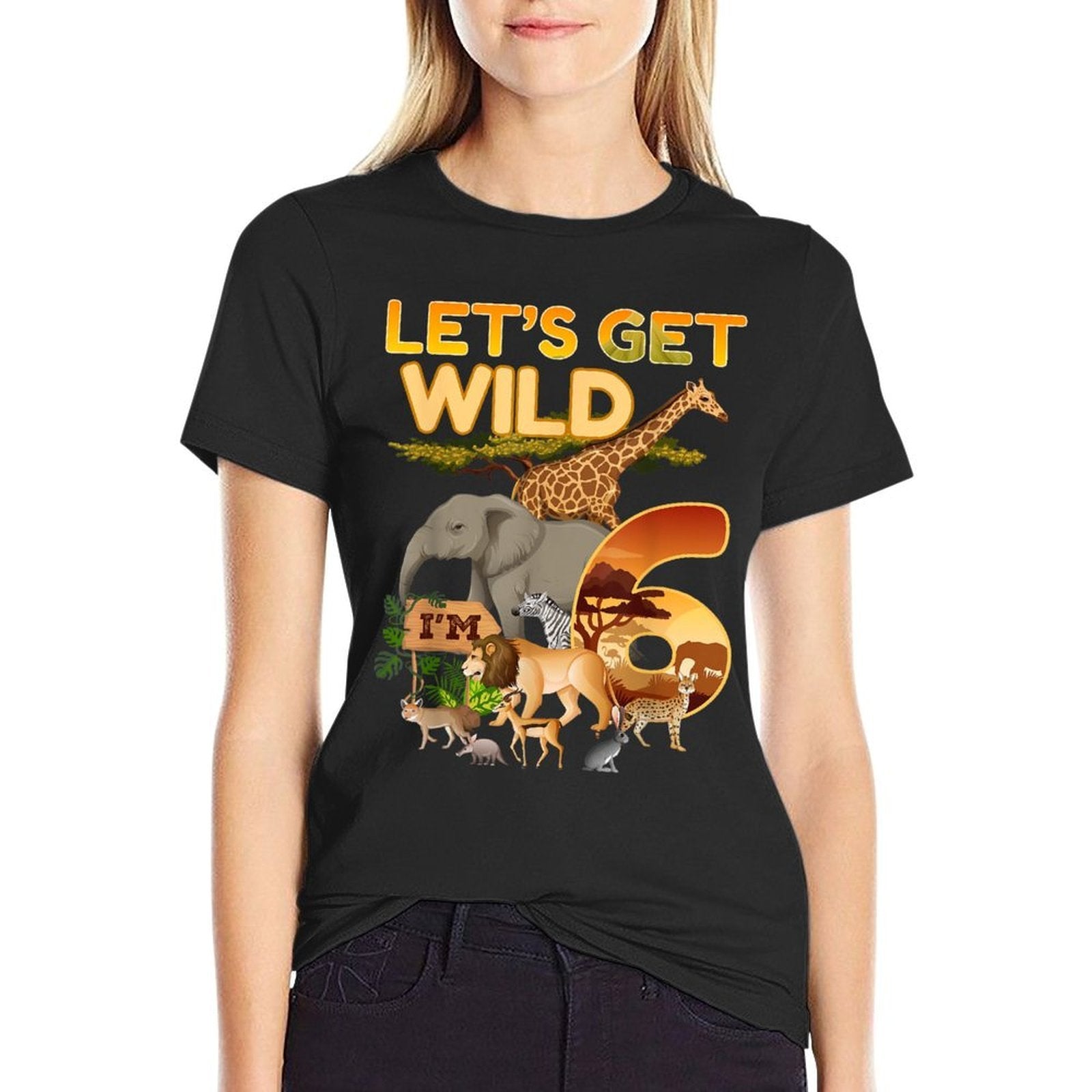 6th Birthday Zoo Safari Jungle Animal 6 Year Old Funny B-Day  Ribbed Collar T-Shirt