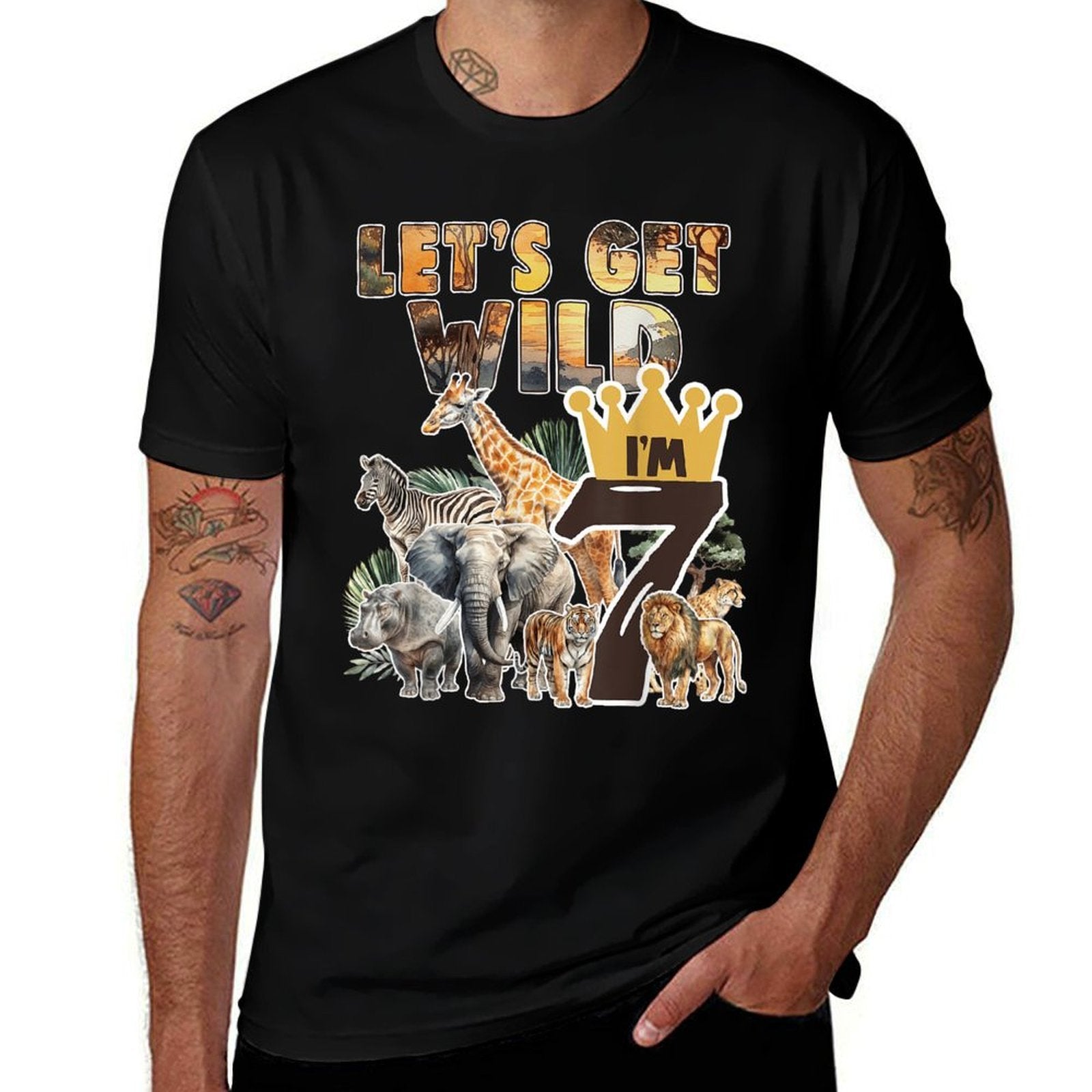 7 Years Old Safari Animals Theme 7st Birthday Jungle Animal  High-quality Stitching T-Shirt