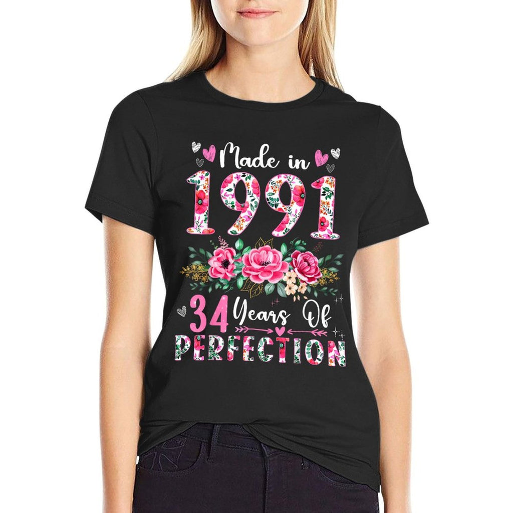34 Year Old Made In 1991 Floral 34th Birthday Women Comfortable T-Shirt