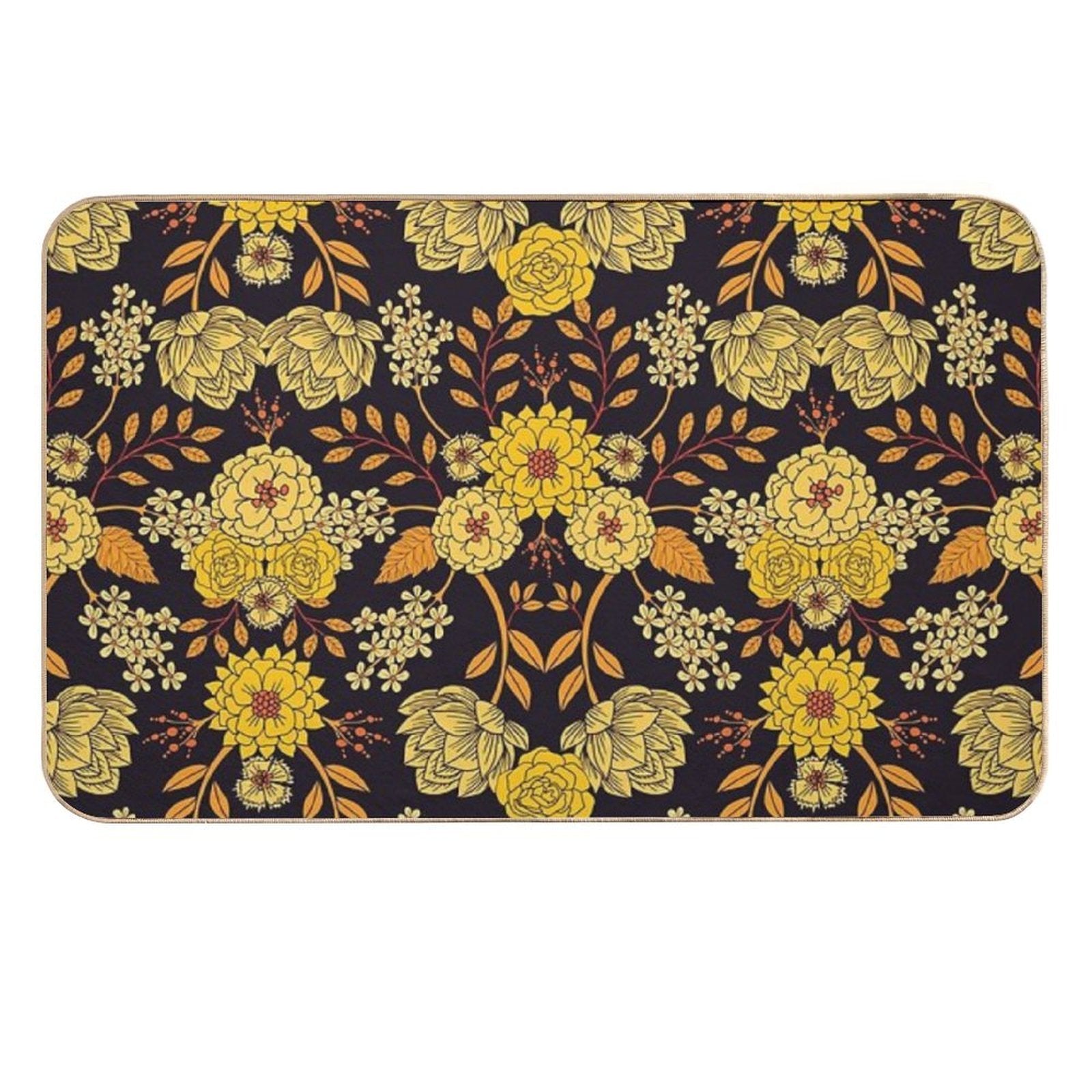 Yellow, Orange & Navy Blue Dark Floral Pattern  Easy Maintenance Bath Mat