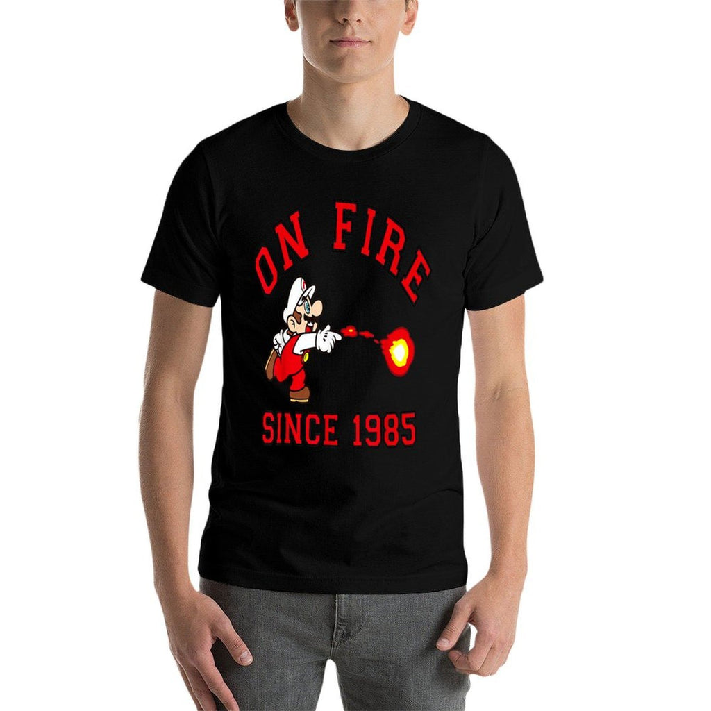Super Mario Bros On Fire Since 1985 Red Text Collegiate  Slim-fit Cut T-Shirt