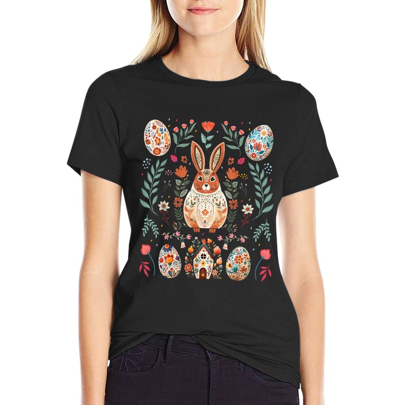Nordic Scandinavian Folk Art Vintage Bunny Happy Easter Day  Trendy Pattern T-Shirt
