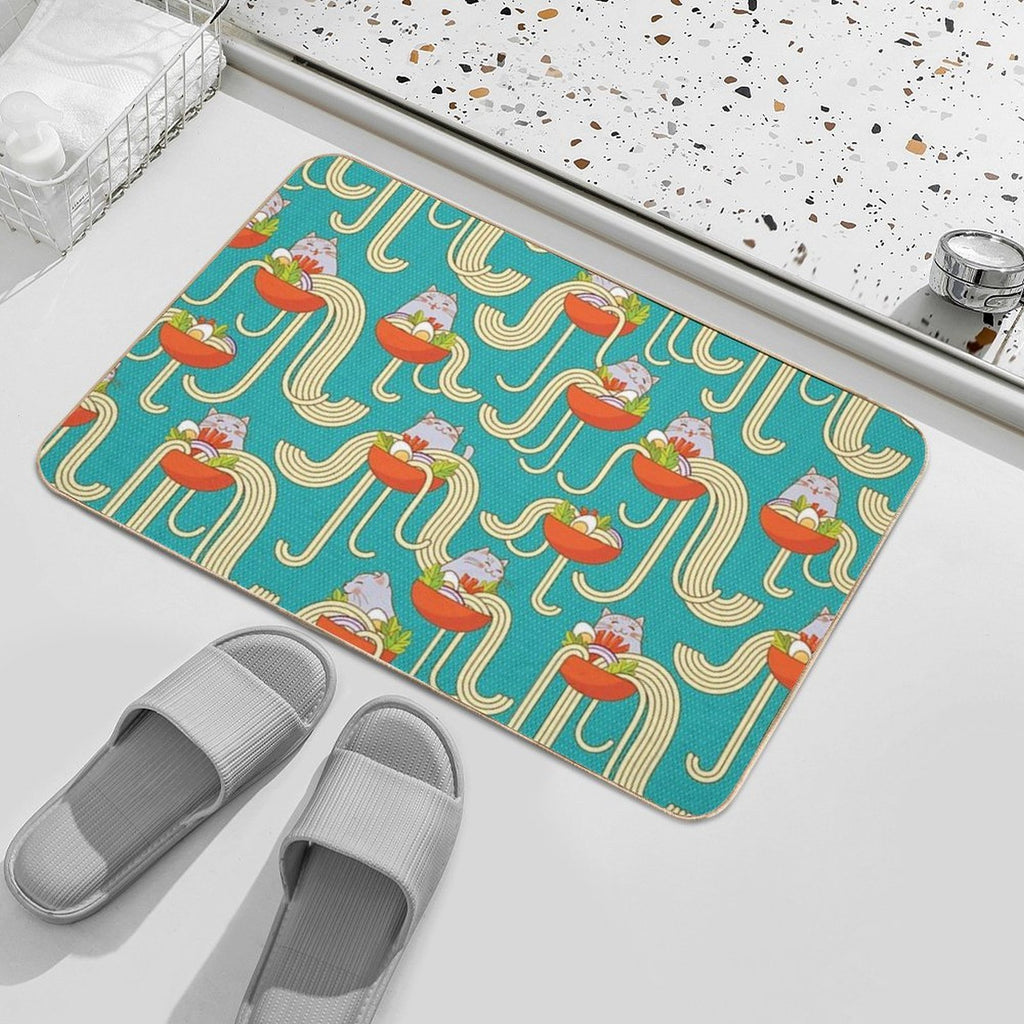 Plates of Noodles And Funny Cats.  Slip-Resistant Bath Mat
