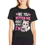 14th Birthday Girls 14yr 14 Year Old Kitten Cat Bday  Oversized Silhouette T-Shirt