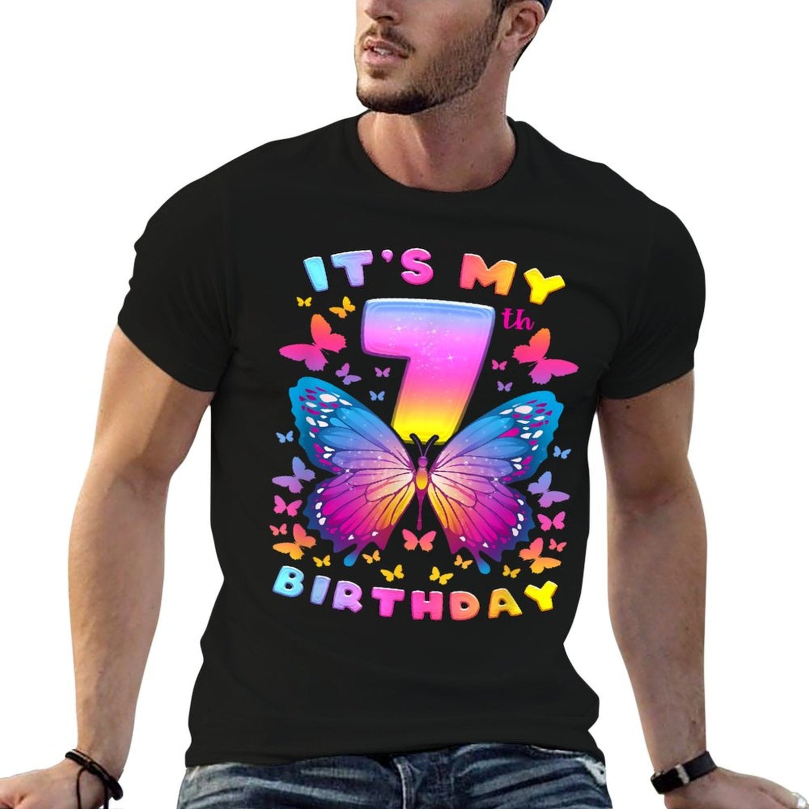 7th Birthday, Girl 7 Years, Butterfly, Number 7  Cotton T-Shirt