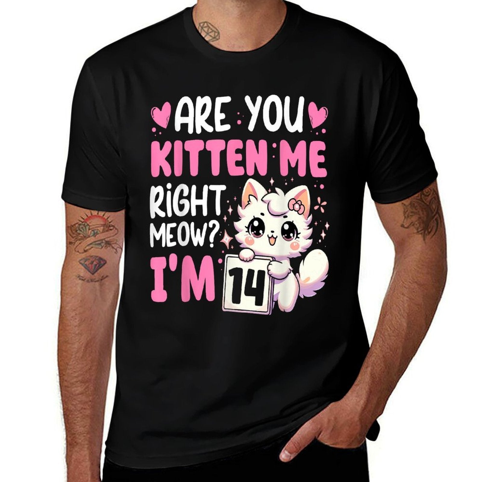 14th Birthday Girls 14yr 14 Year Old Kitten Cat Bday  Oversized Silhouette T-Shirt