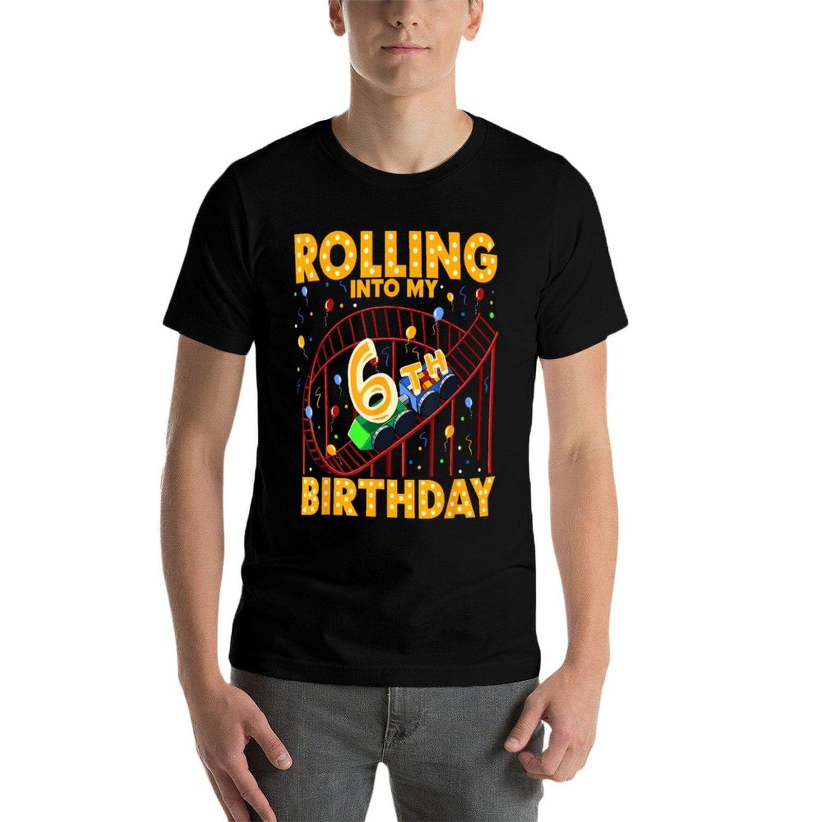 6th Birthday Rollercoaster Amusement Park Boys Kids Birthday  Ribbed Collar T-Shirt