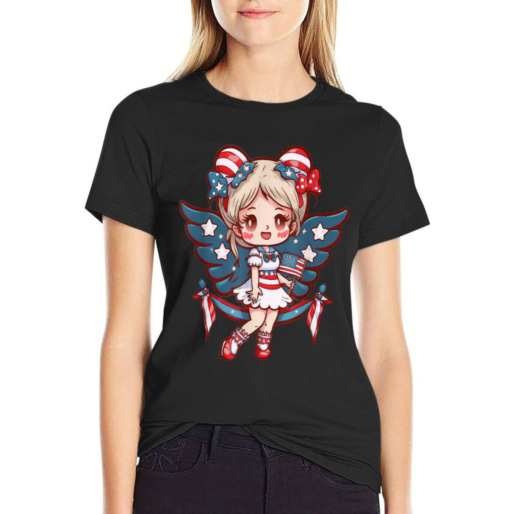 Angelcore 4th of July Cute Angel Girl Wings Patriotic  Polyester Blend T-Shirt