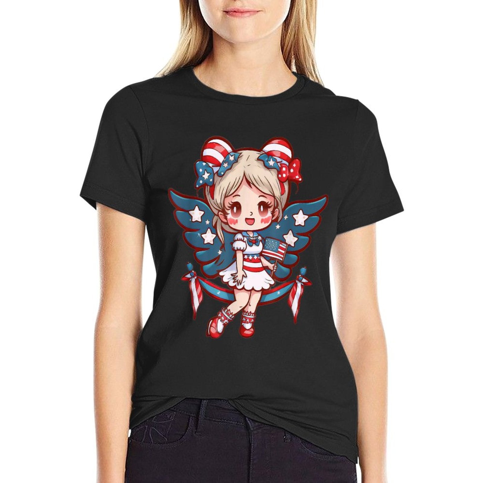 Angelcore 4th of July Cute Angel Girl Wings Patriotic  Polyester Blend T-Shirt