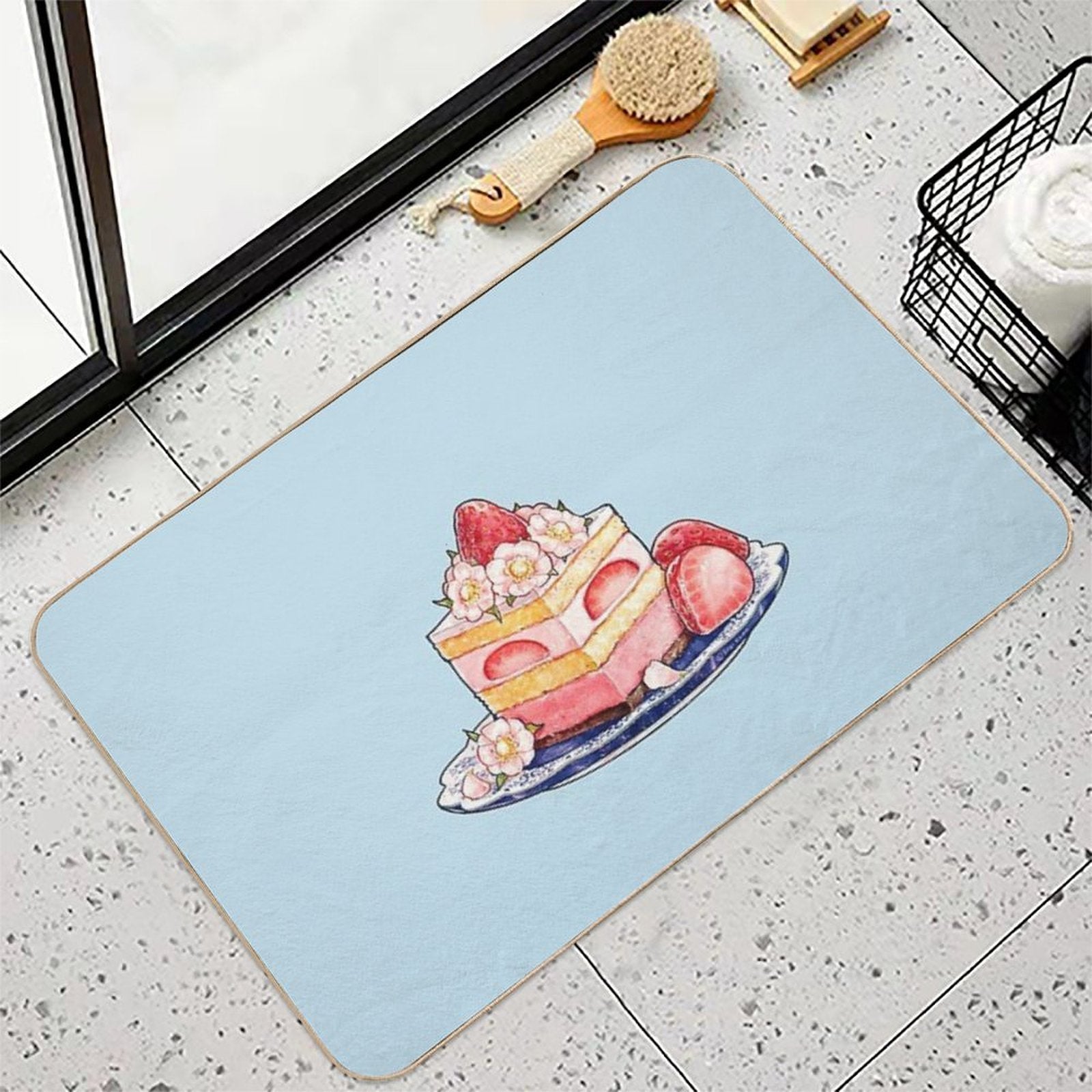 Strawberry Tea Cake With Blossoms  Dirt-Trapping Bath Mat