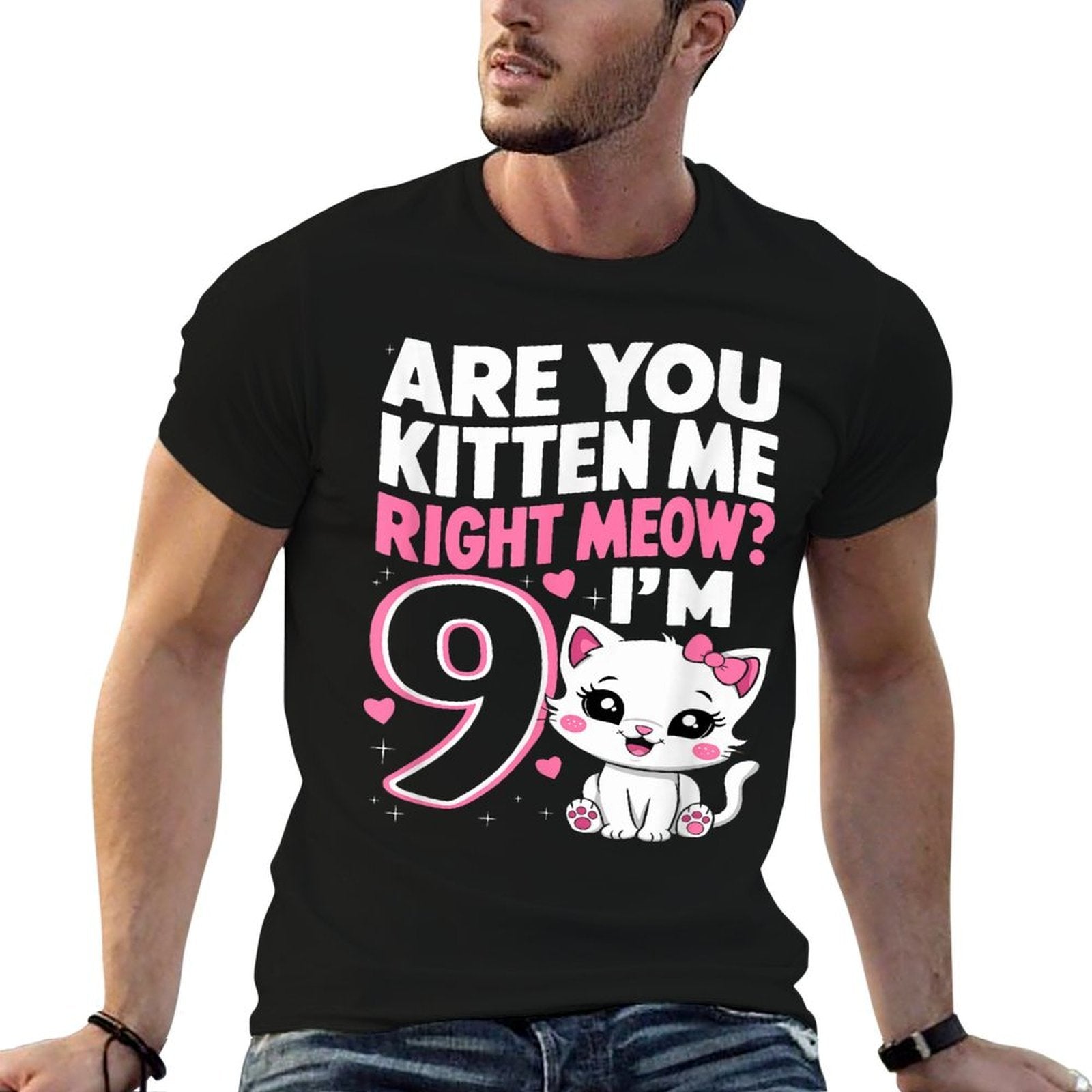 9th Birthday Girl 9yr Nine 9 Year Old Kitten Cat Bday  Fade-proof Color T-Shirt