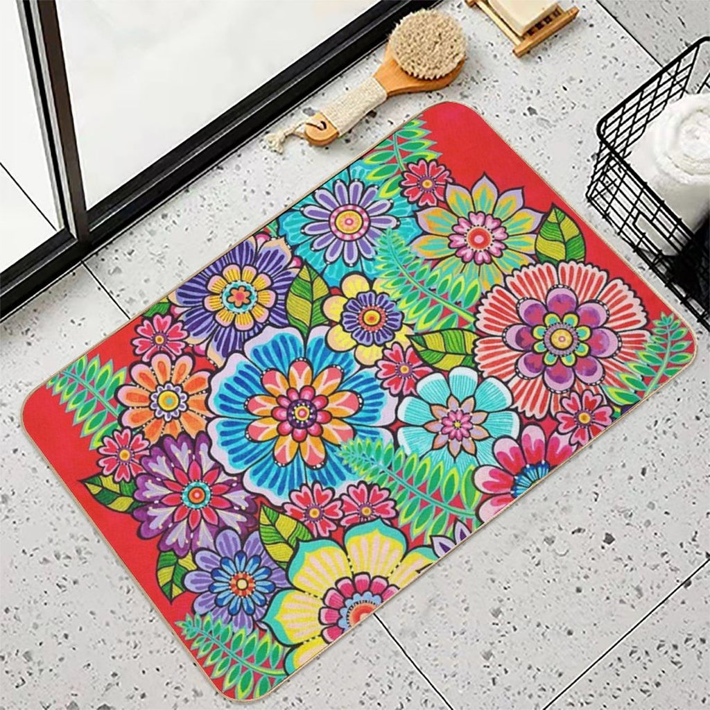 Blooms on Red  Long-Lasting Bath Mat