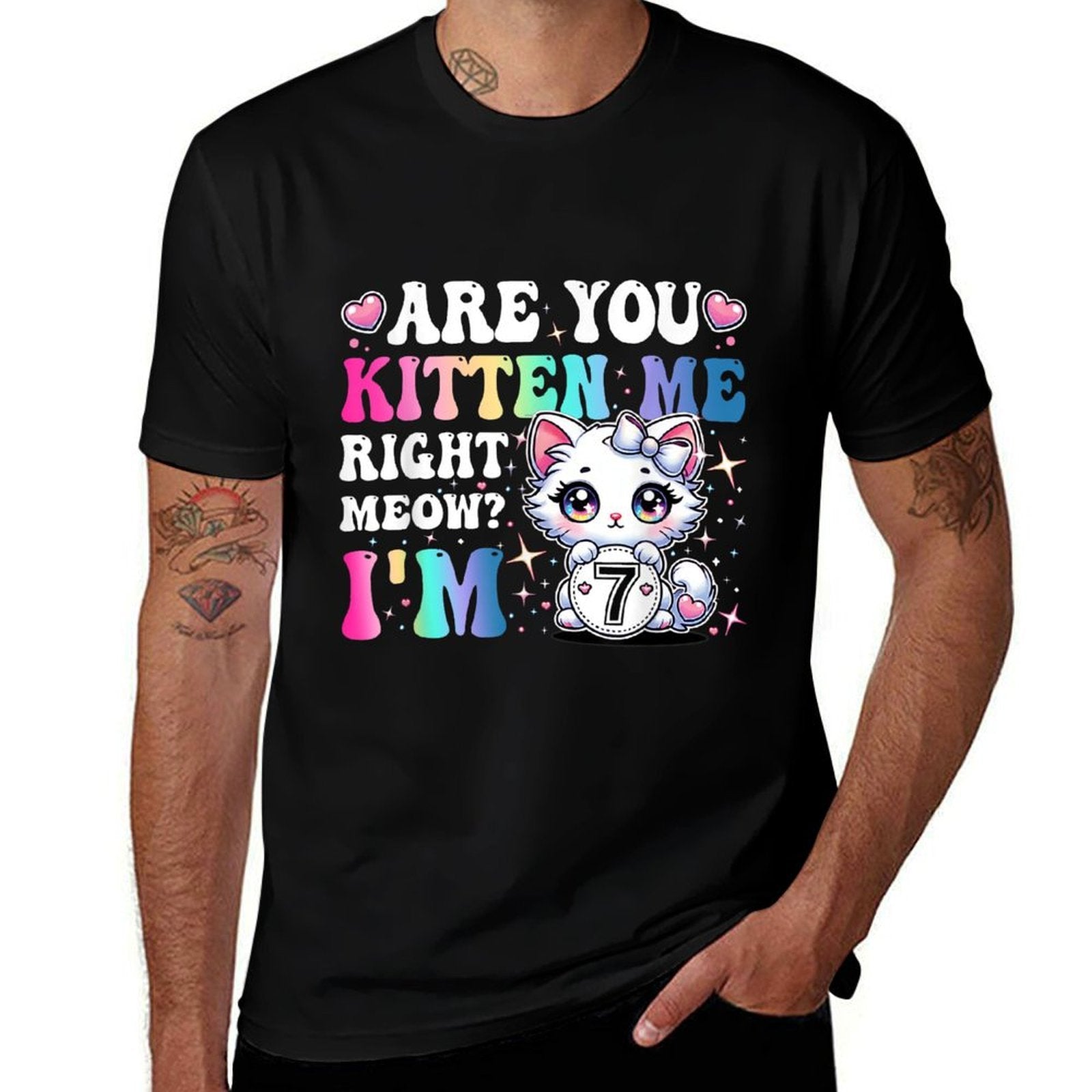 Are You Kitten Me Right Meow Anime 7th Birthday Cat Kitten  Heathered Texture T-Shirt