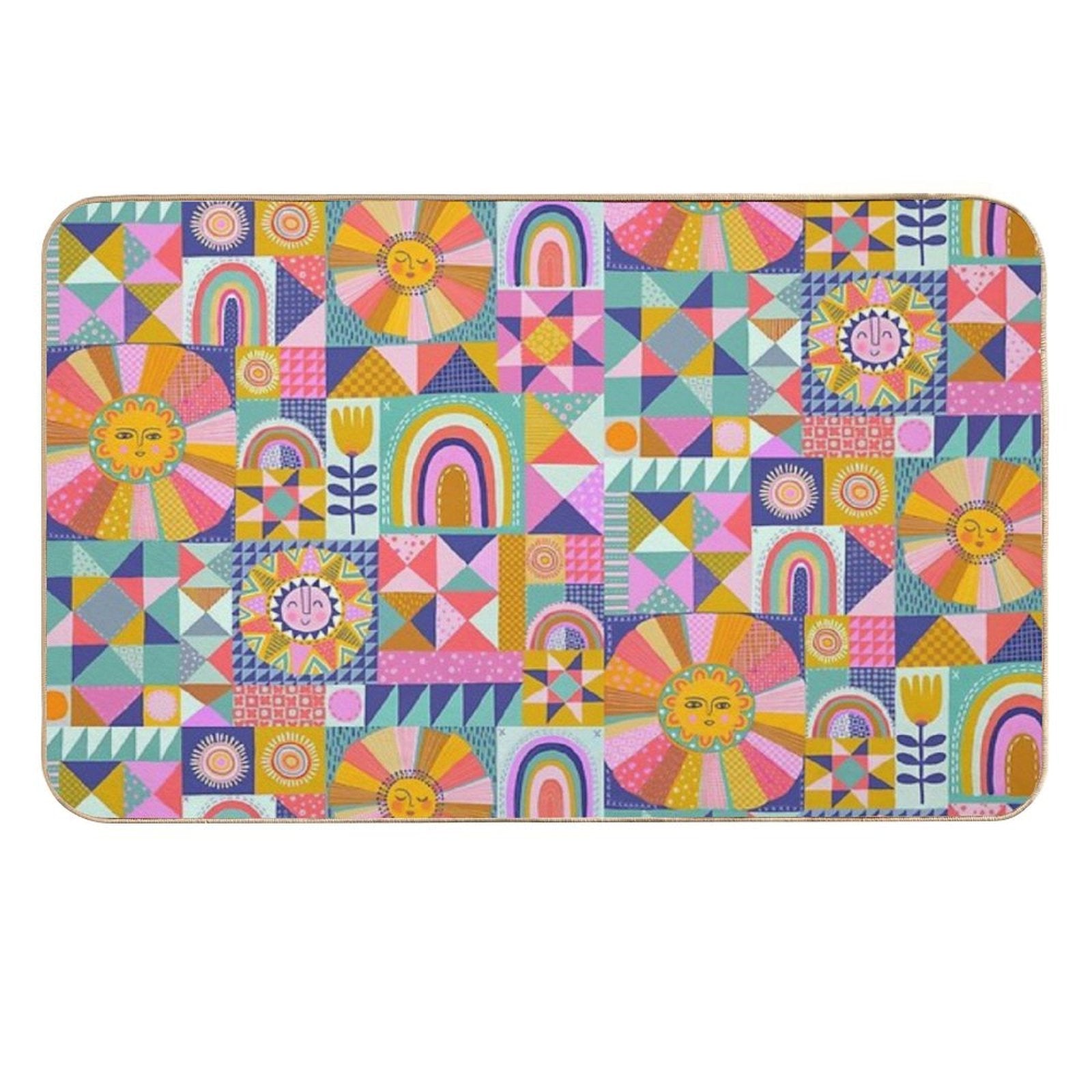 Sunny Patchwork with Aqua Blue  High-Traffic Bath Mat