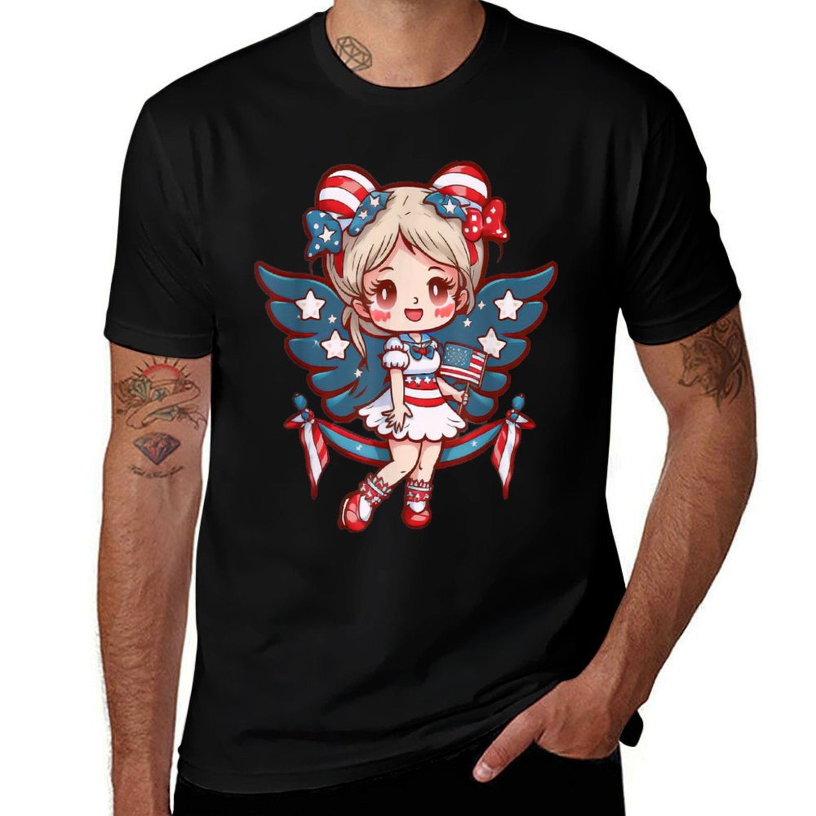 Angelcore 4th of July Cute Angel Girl Wings Patriotic  Polyester Blend T-Shirt