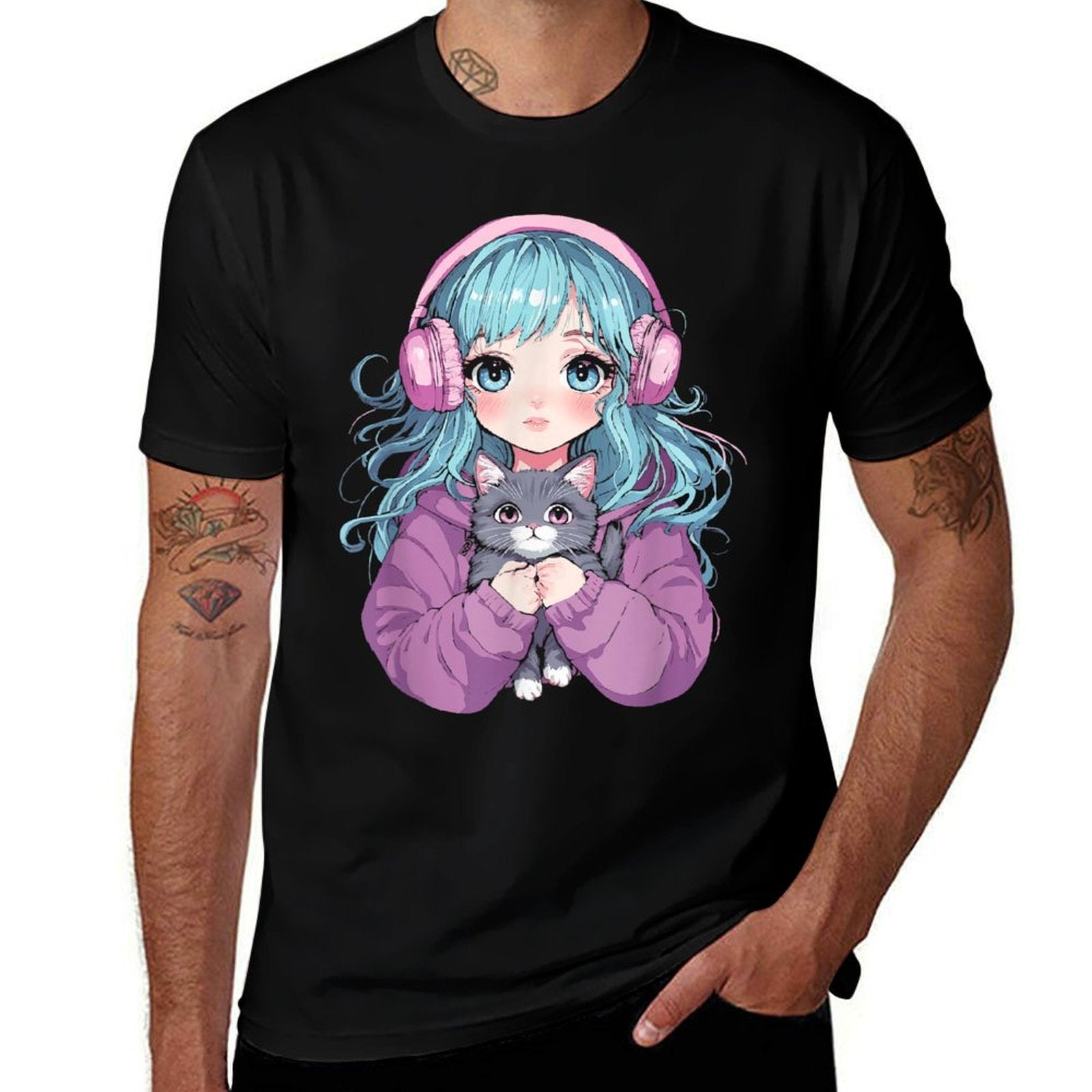 Anime Girl Cat Japanese Kawaiins Girls  Eco-friendly Material T-Shirt