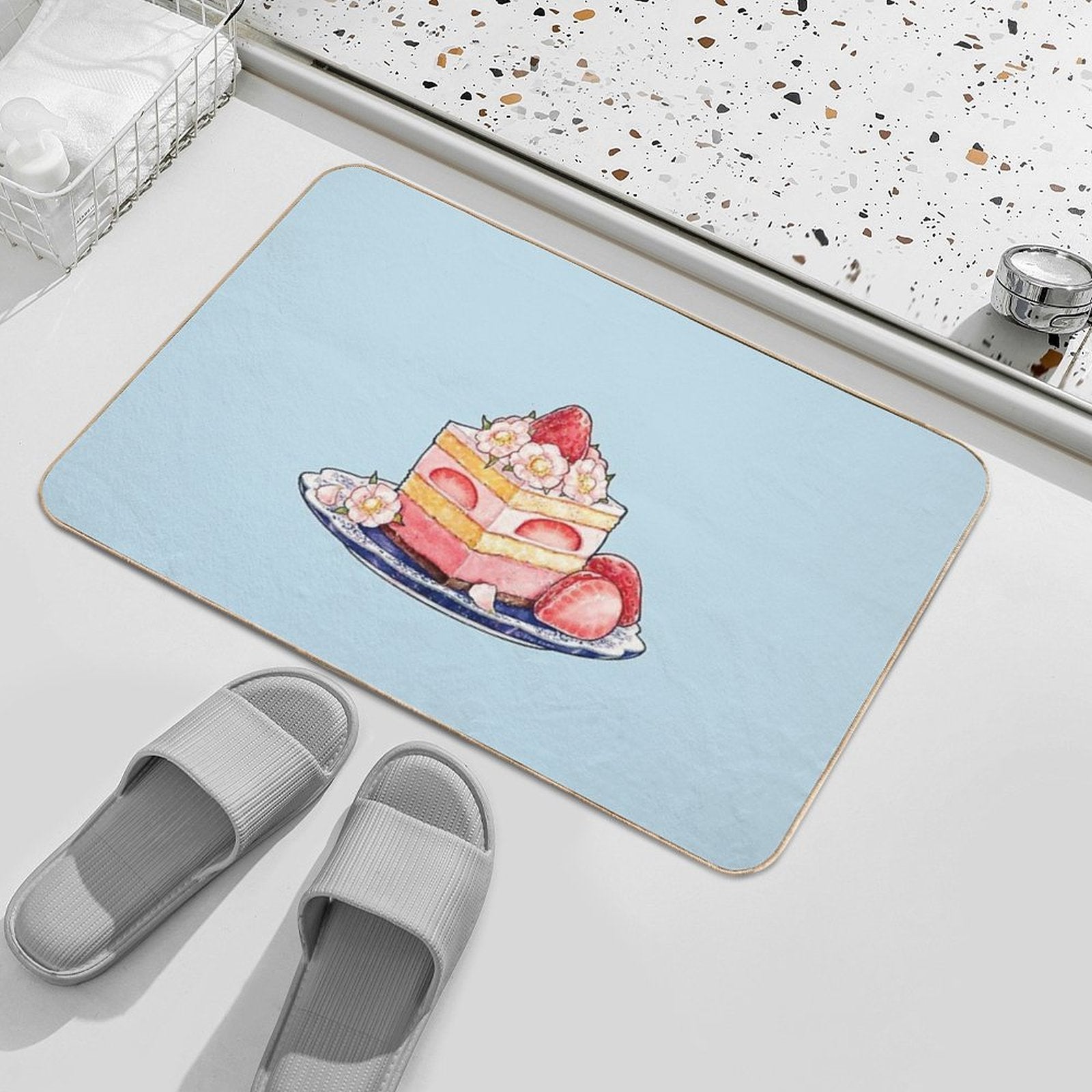 Strawberry Tea Cake With Blossoms  Dirt-Trapping Bath Mat