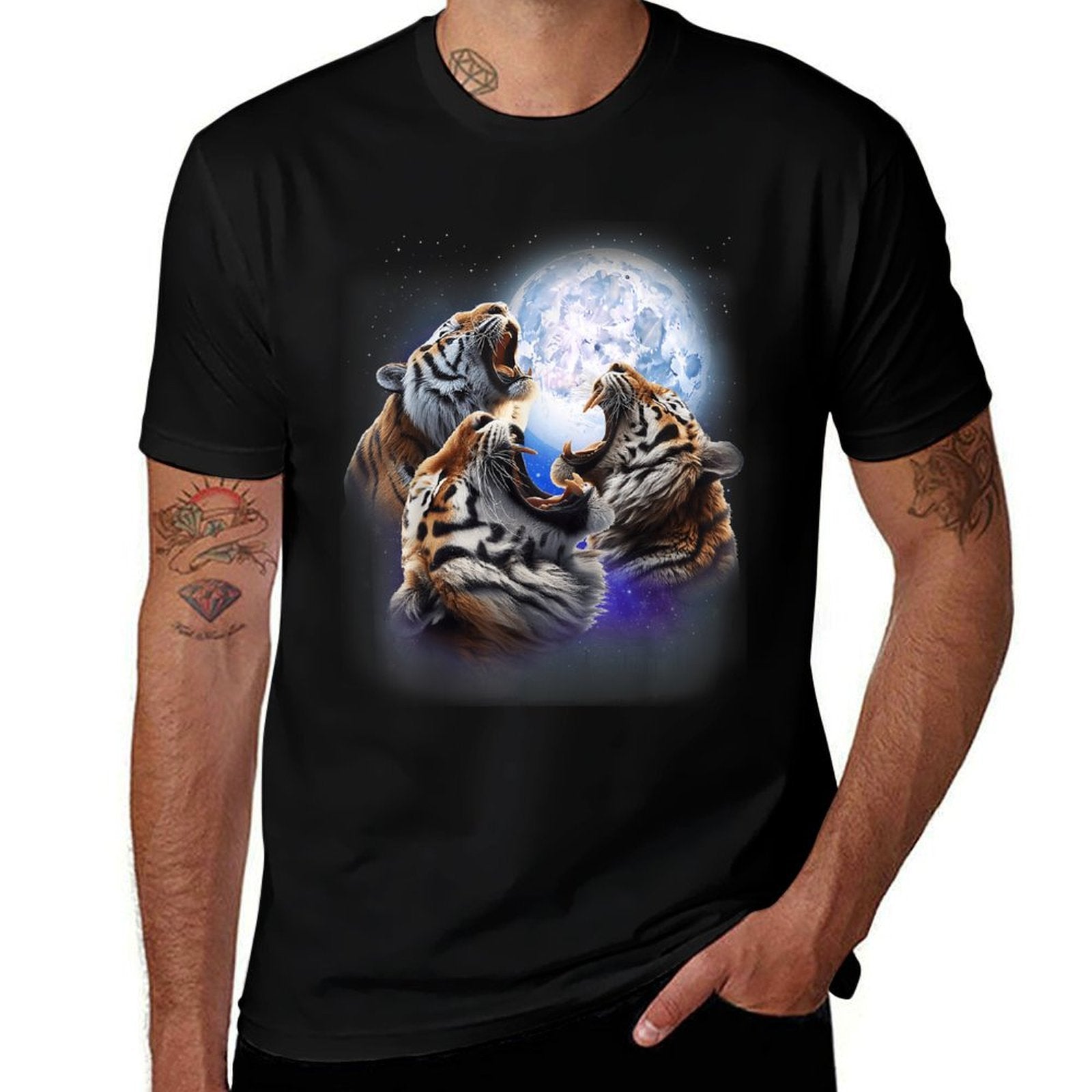 3 Tigers Howling At The Moon Wild Cat Bengal Tiger Lover  Breathable T-Shirt