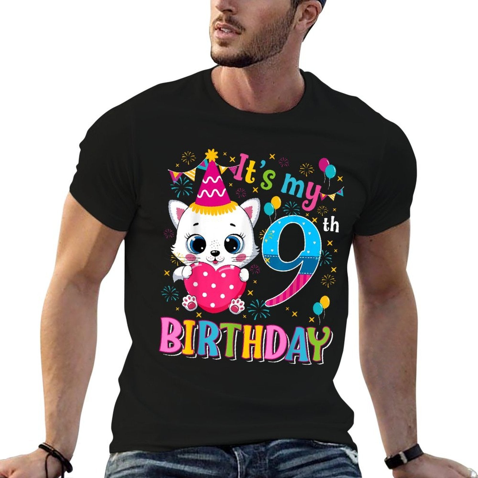 9th Birthday Cat Girls Kitten Birthday Girl 9 Year OLD  Eco-friendly Material T-Shirt