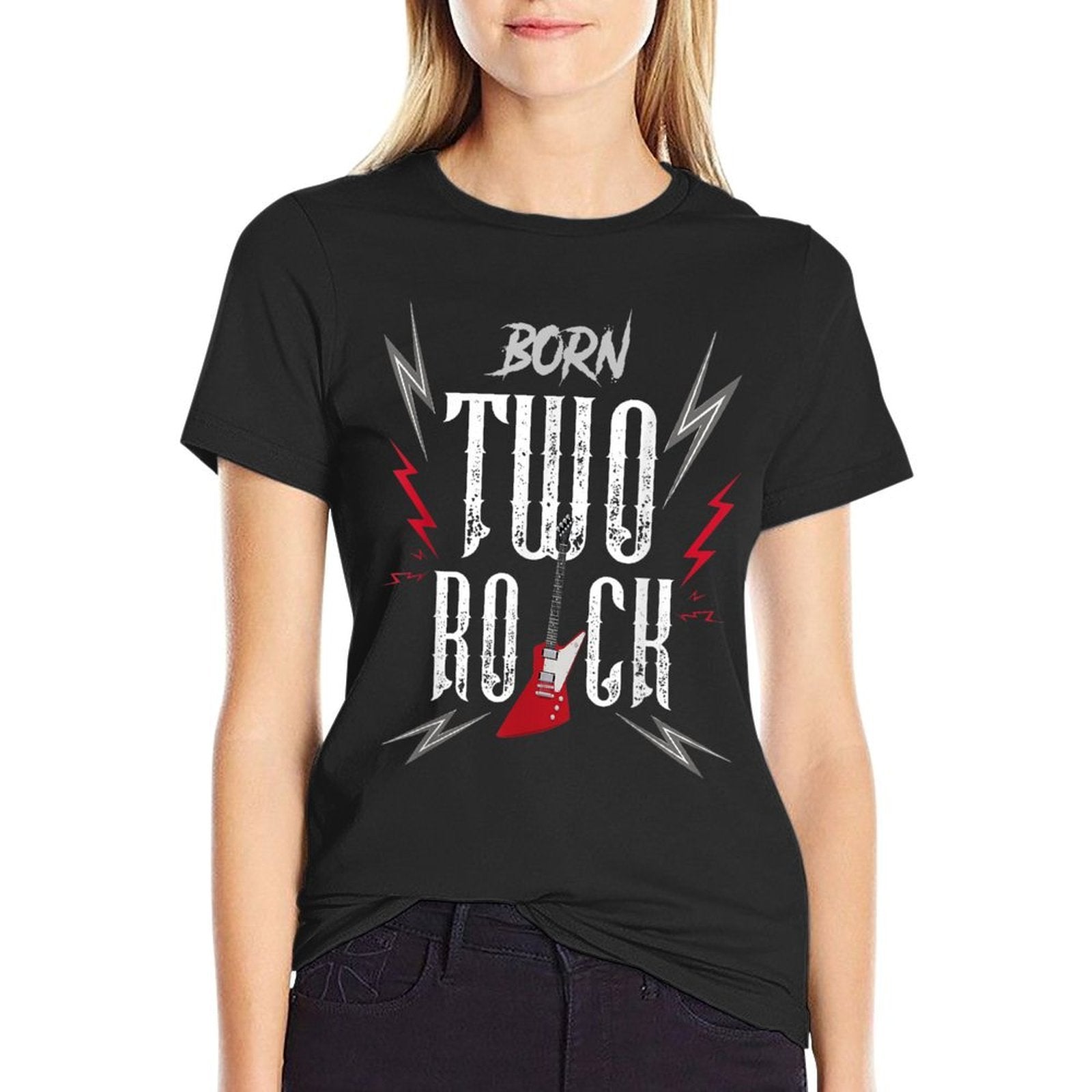 2nd Birthday Guitar Born Two Rock 2 Year Old Rocker Bday Boy  Easy-care T-Shirt