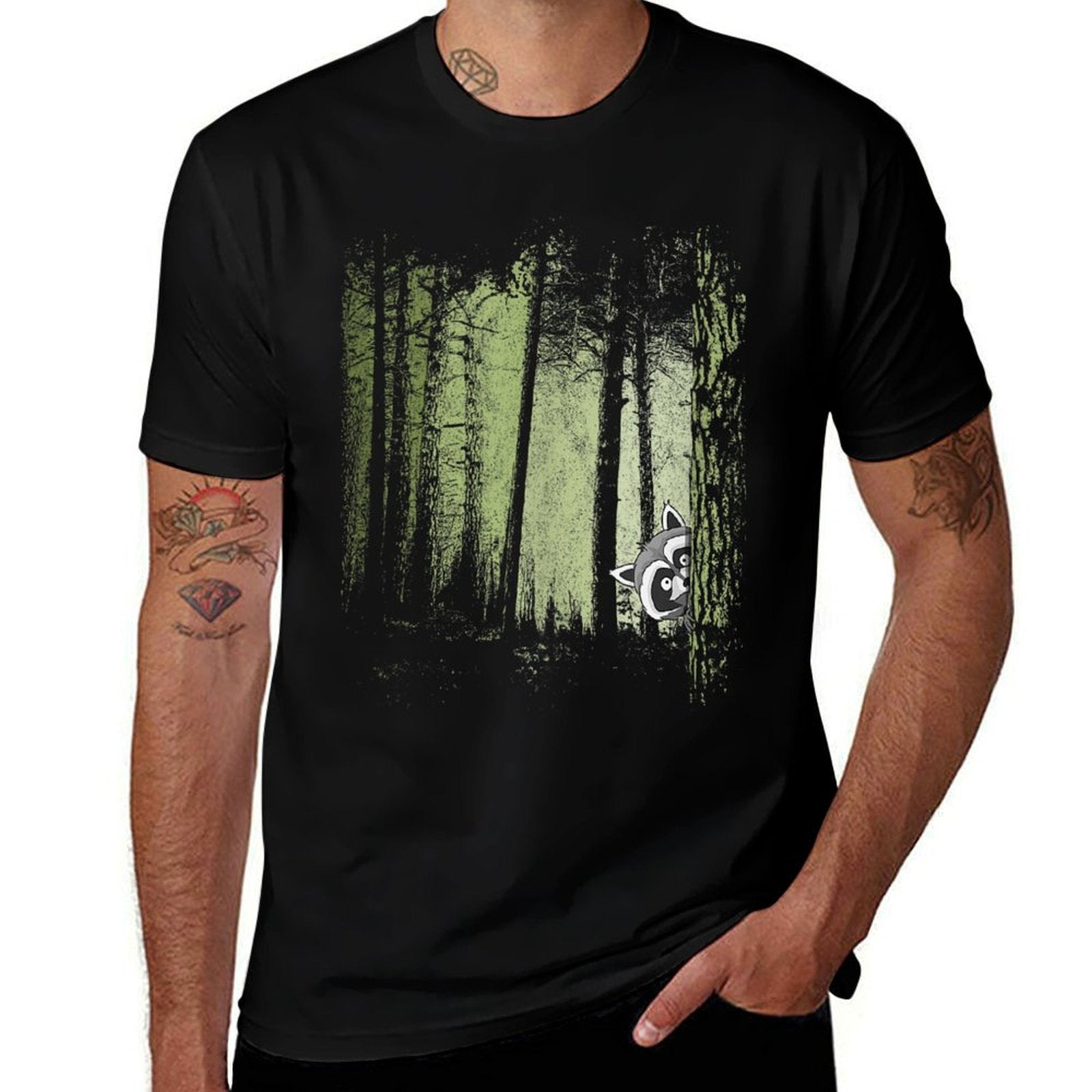 Funny Cheeky Raccoon In Dark Twilight Forest  Moisture-wicking T-Shirt