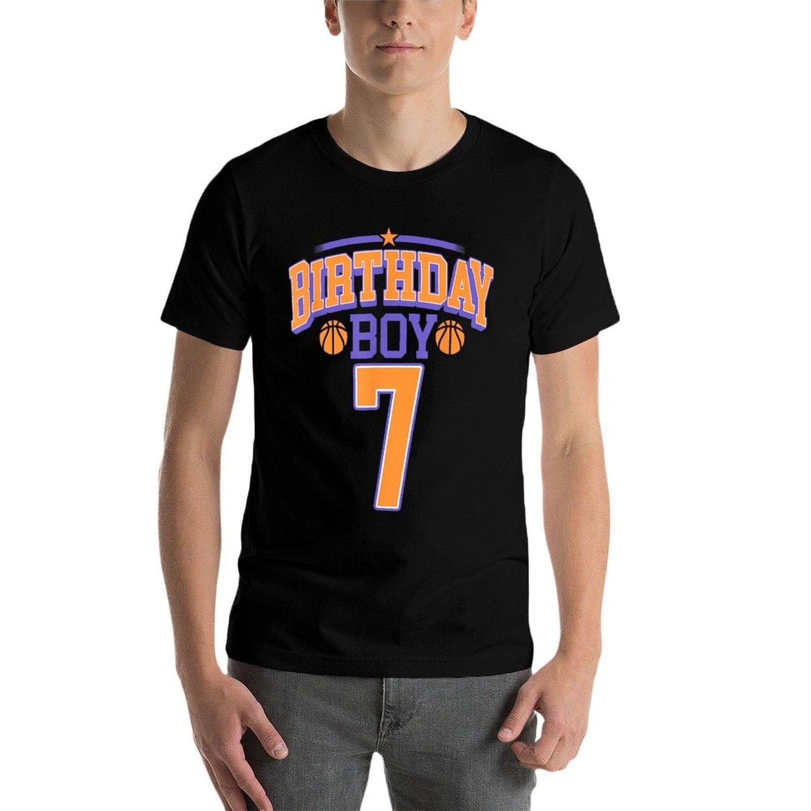 7th Birthday Boy Basketball Lover 7 Years Old Bday  Fade-proof Color T-Shirt
