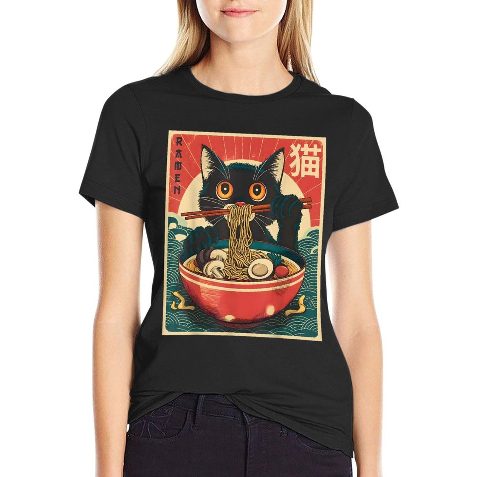 Anime Men Women Kids Cat Ramen Noodles Unisex-Adults Unisex-Kids Kawaii Cat Anime Gifts Cat Ramen Graphic Japanese Funny  Relaxed-fit T-Shirt
