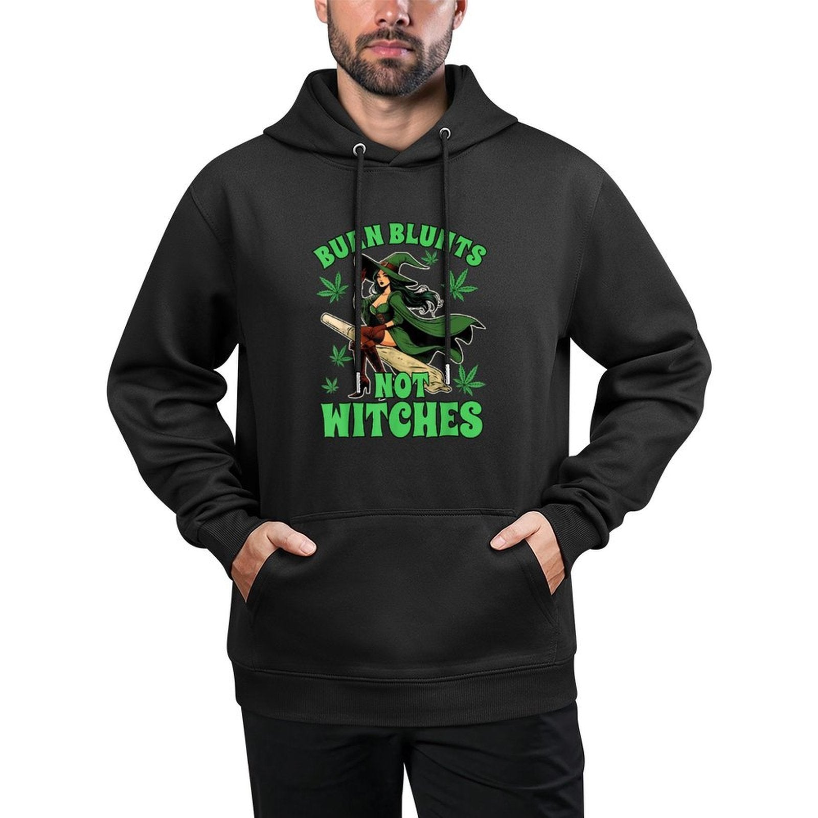 Weed Stoner Cannabis Witch Halloween Burn Blunts Not Witches Kangaroo Pocket Hoodie