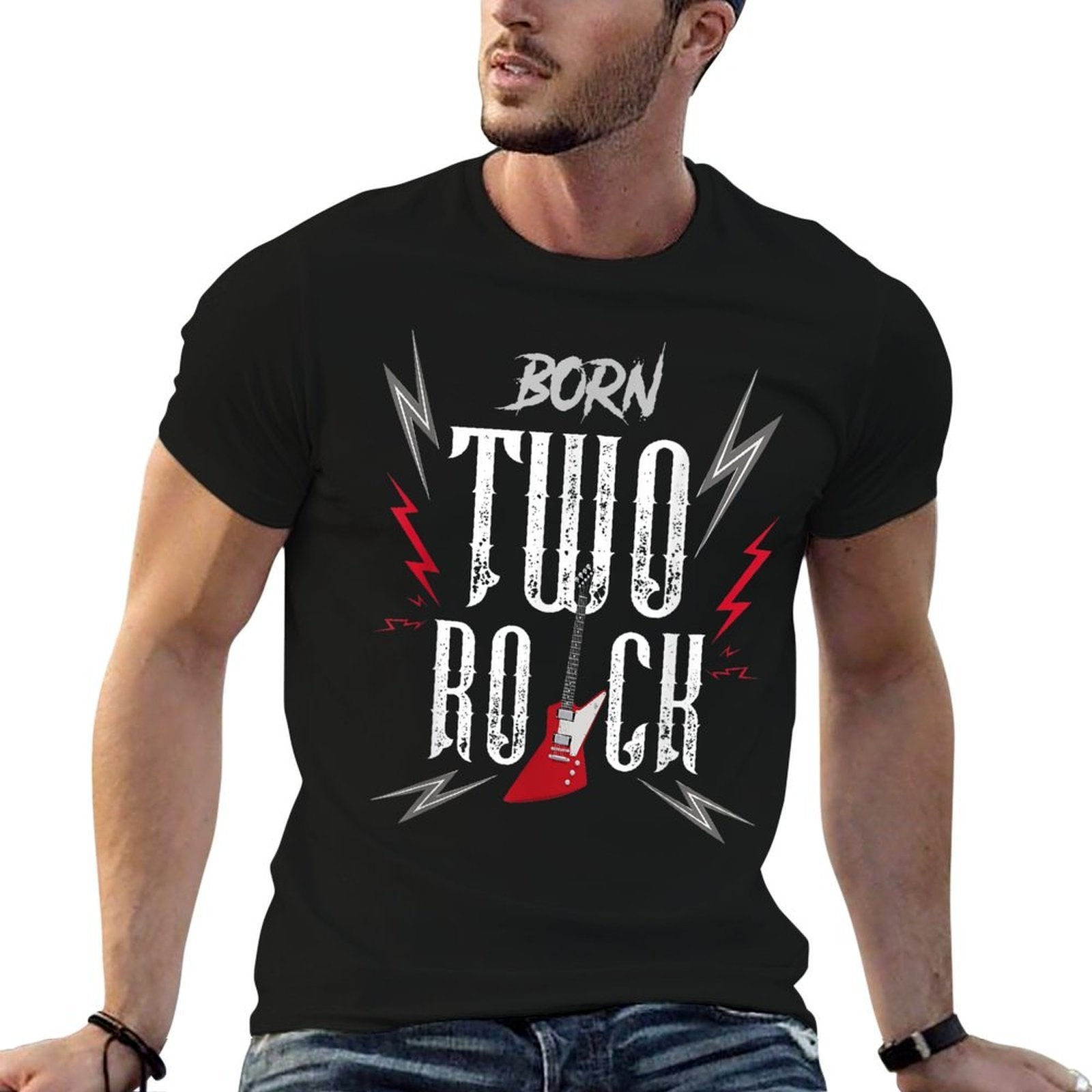 2nd Birthday Guitar Born Two Rock 2 Year Old Rocker Bday Boy  Easy-care T-Shirt