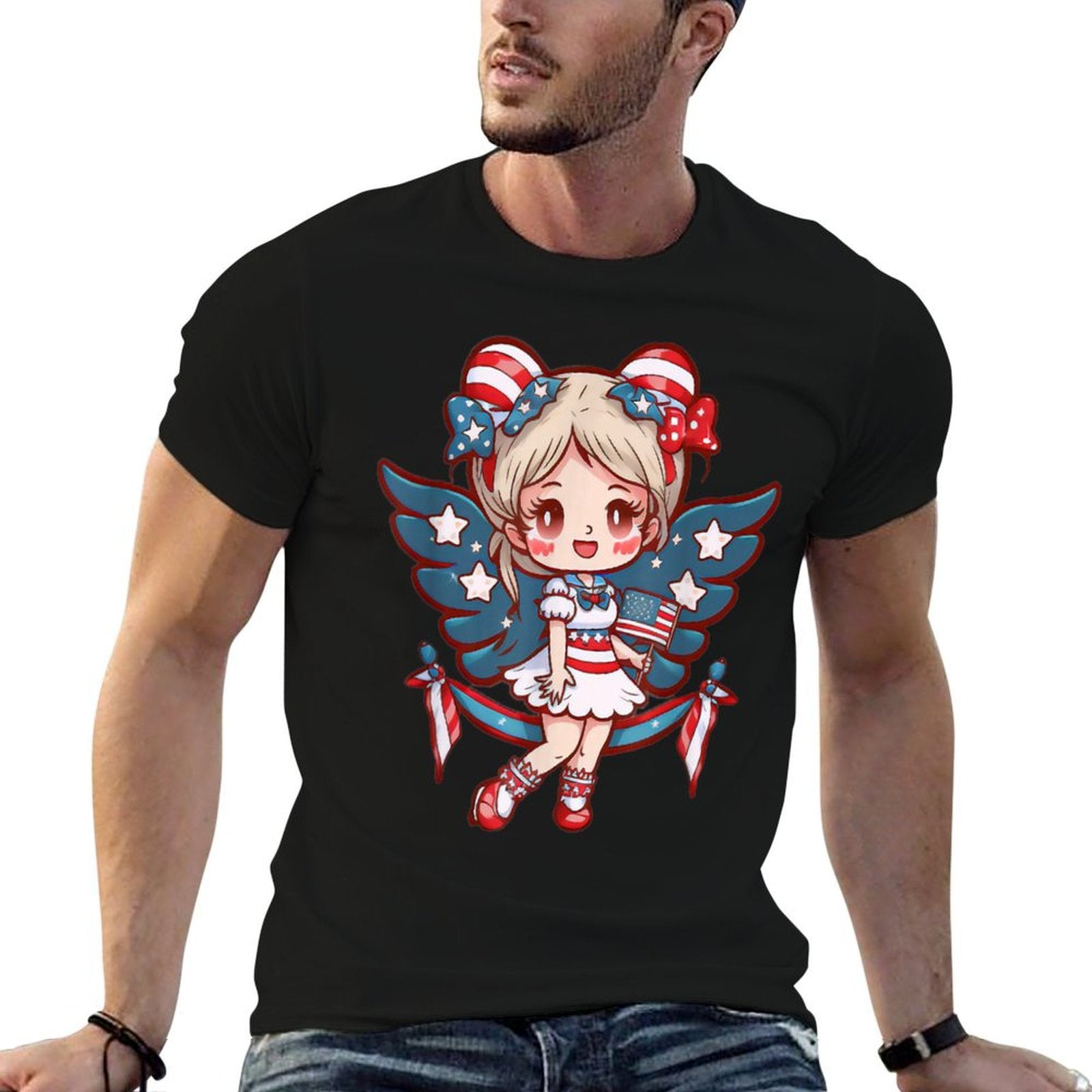Angelcore 4th of July Cute Angel Girl Wings Patriotic  Polyester Blend T-Shirt