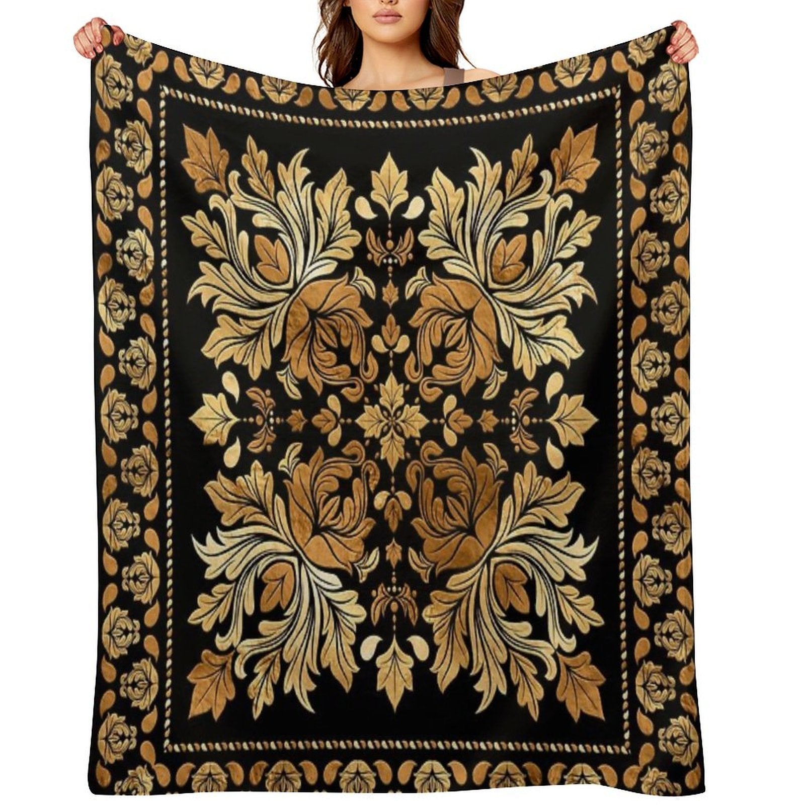 Oriental Vintage Damask Ornament - Black And Gold Comfort Throw Blanket
