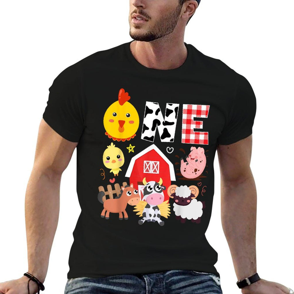 1st Birthday One Year Old Farm Theme Animals Birthday Party  Oversized Silhouette T-Shirt