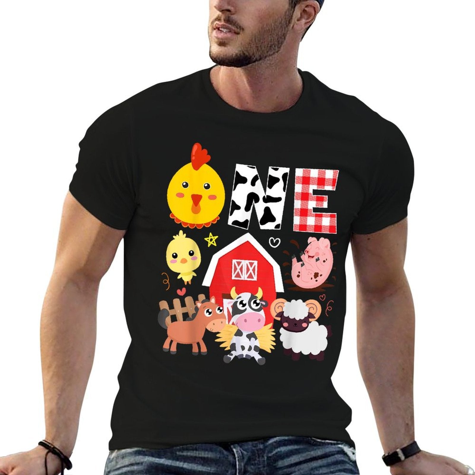 1st Birthday One Year Old Farm Theme Animals Birthday Party  Oversized Silhouette T-Shirt