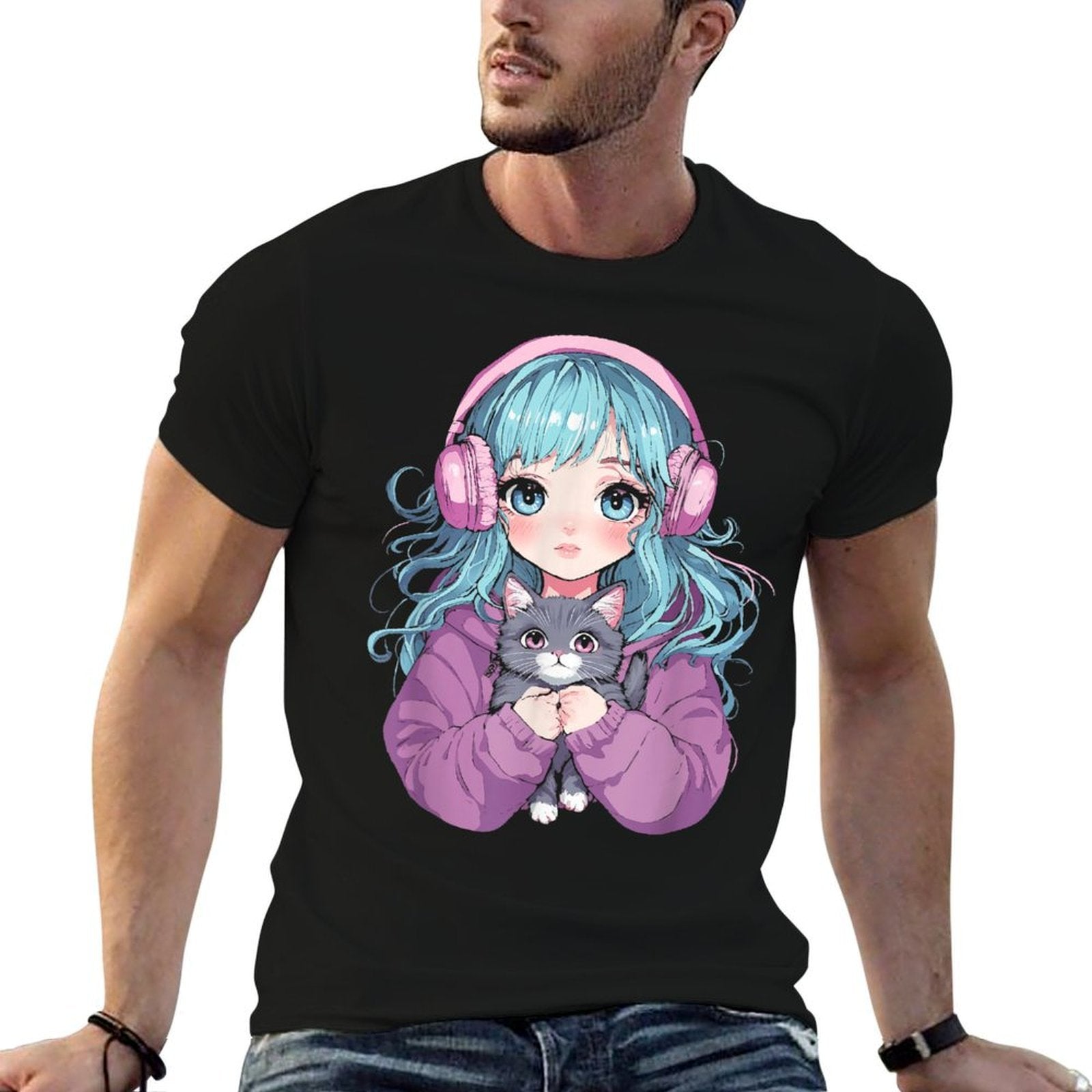 Anime Girl Cat Japanese Kawaiins Girls  Eco-friendly Material T-Shirt