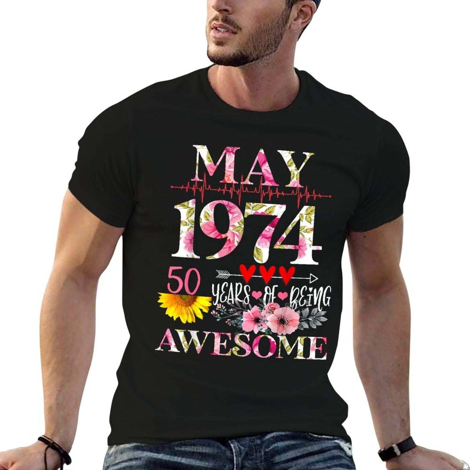 April 1974 Floral 50th Birthday 50 Years Of Being Awesome  Fade-proof Color T-Shirt