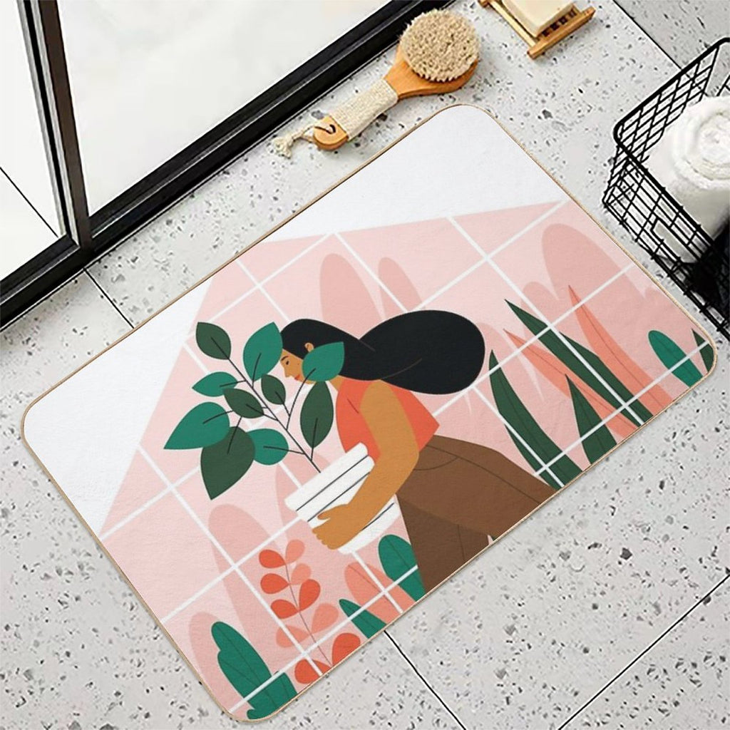 Beautiful Girl with A Plant in A Pot. Minimalistic Greenhouse  Multi-Purpose Bath Mat