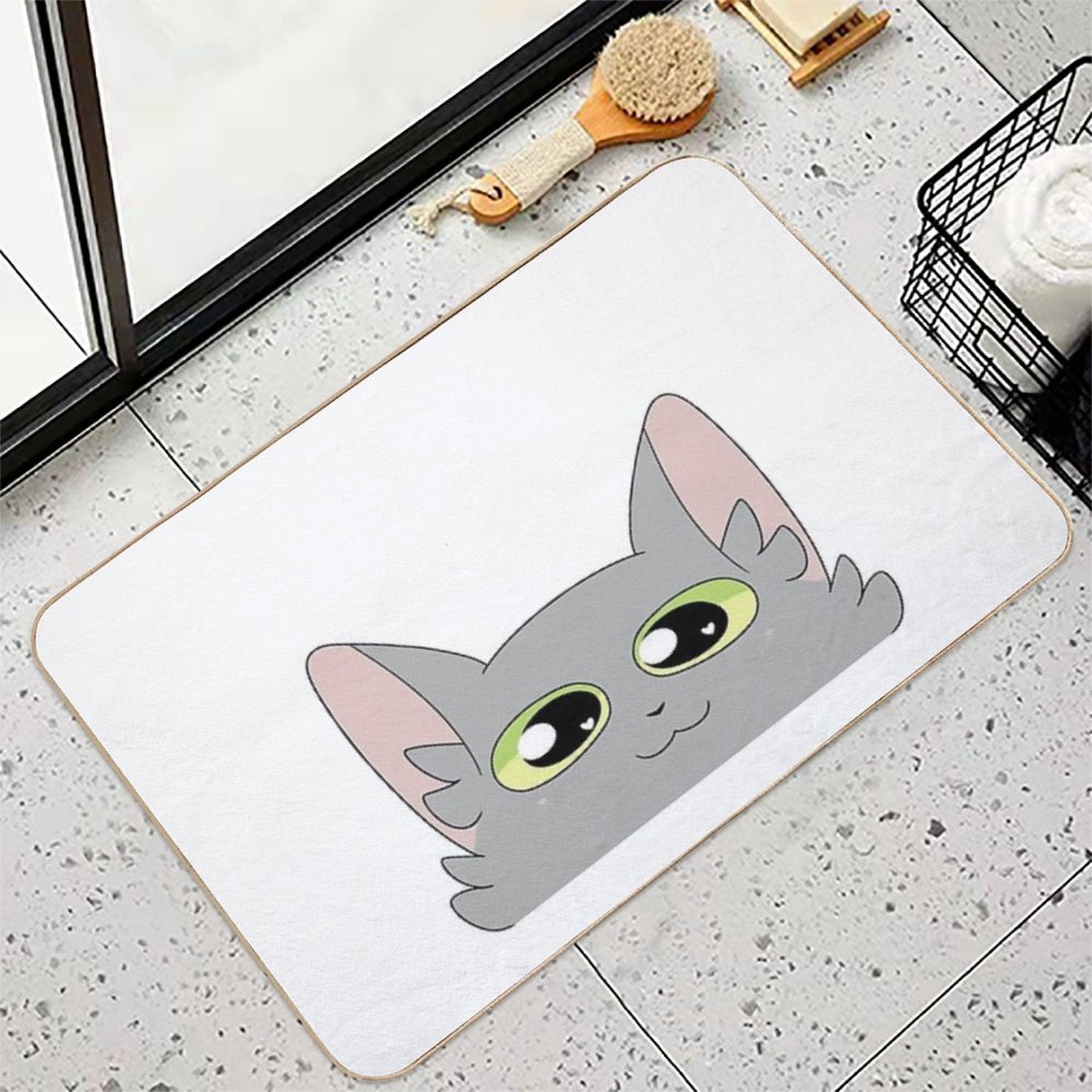 Cute Happy Gray Cat  Easy Maintenance Bath Mat