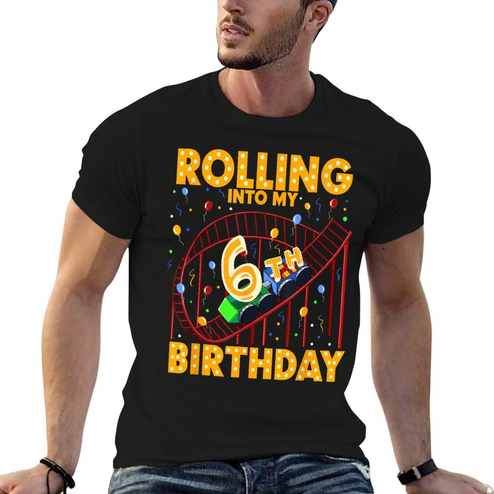 6th Birthday Rollercoaster Amusement Park Boys Kids Birthday  Ribbed Collar T-Shirt