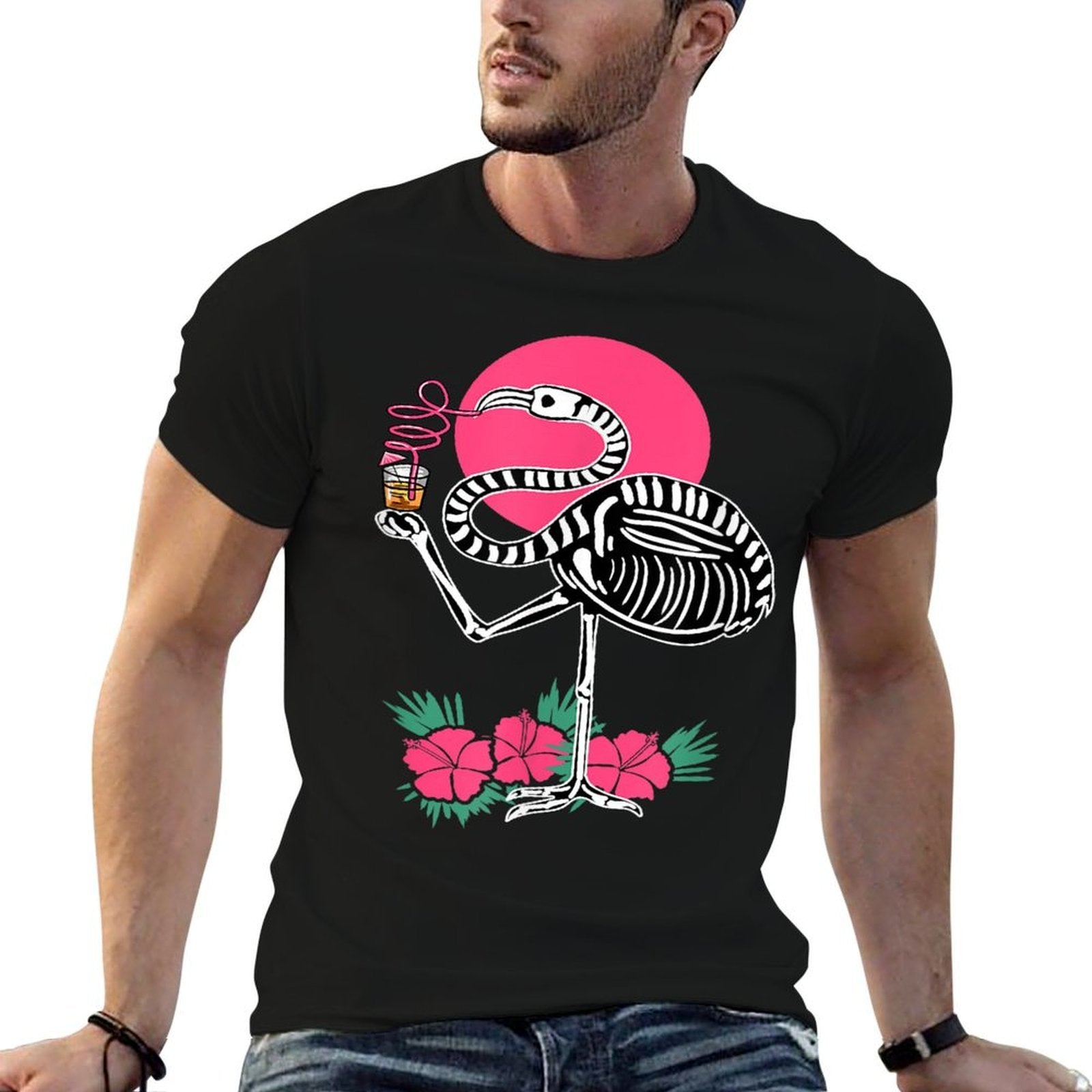 Thirsty Skeleton Flamingo Animal Tropical Bird Halloween  Graphic-printed T-Shirt