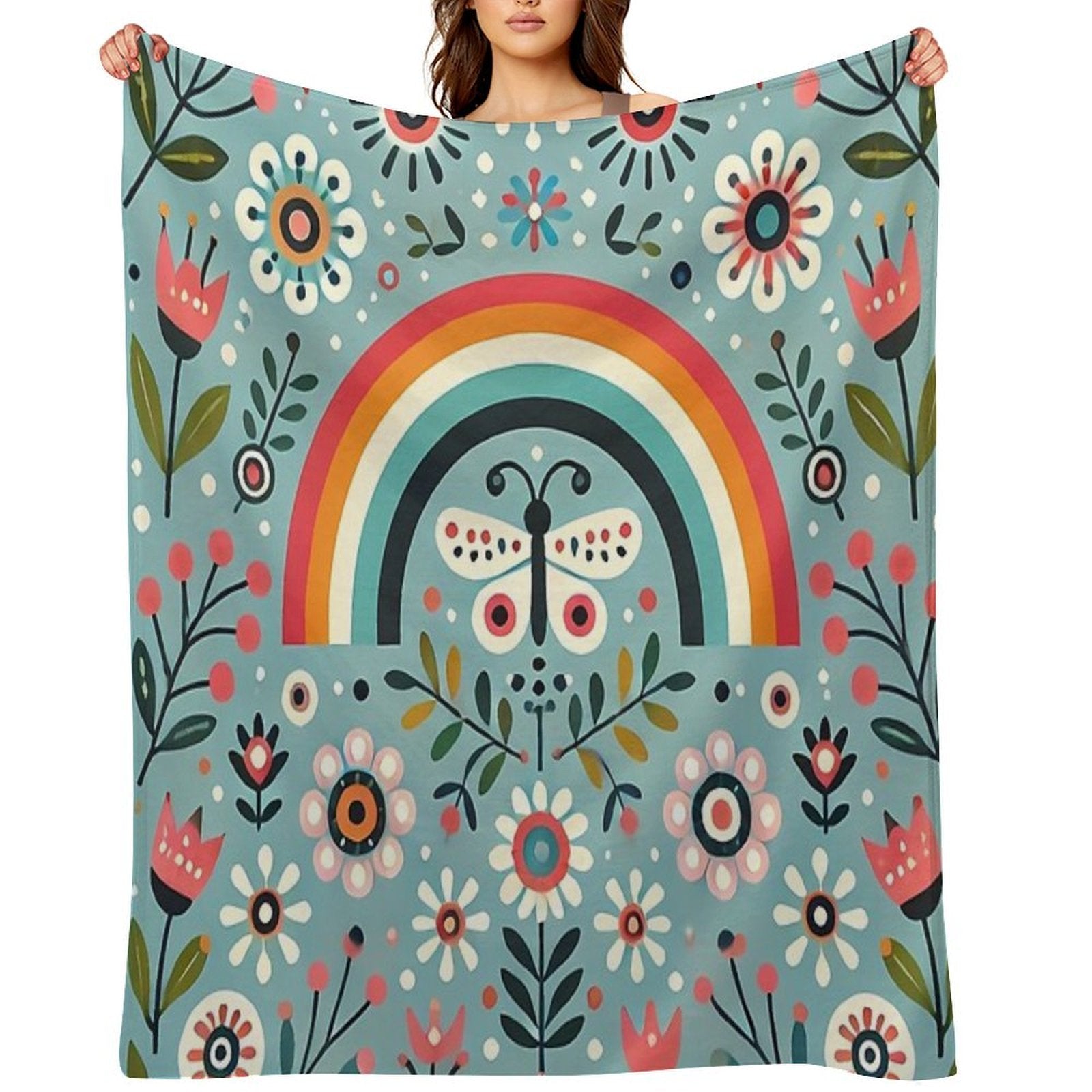 Blue Serene Folk Butterfly with Rainbow - Scandinavian Folk Art by Heidiannemorris © Durable Throw Blanket