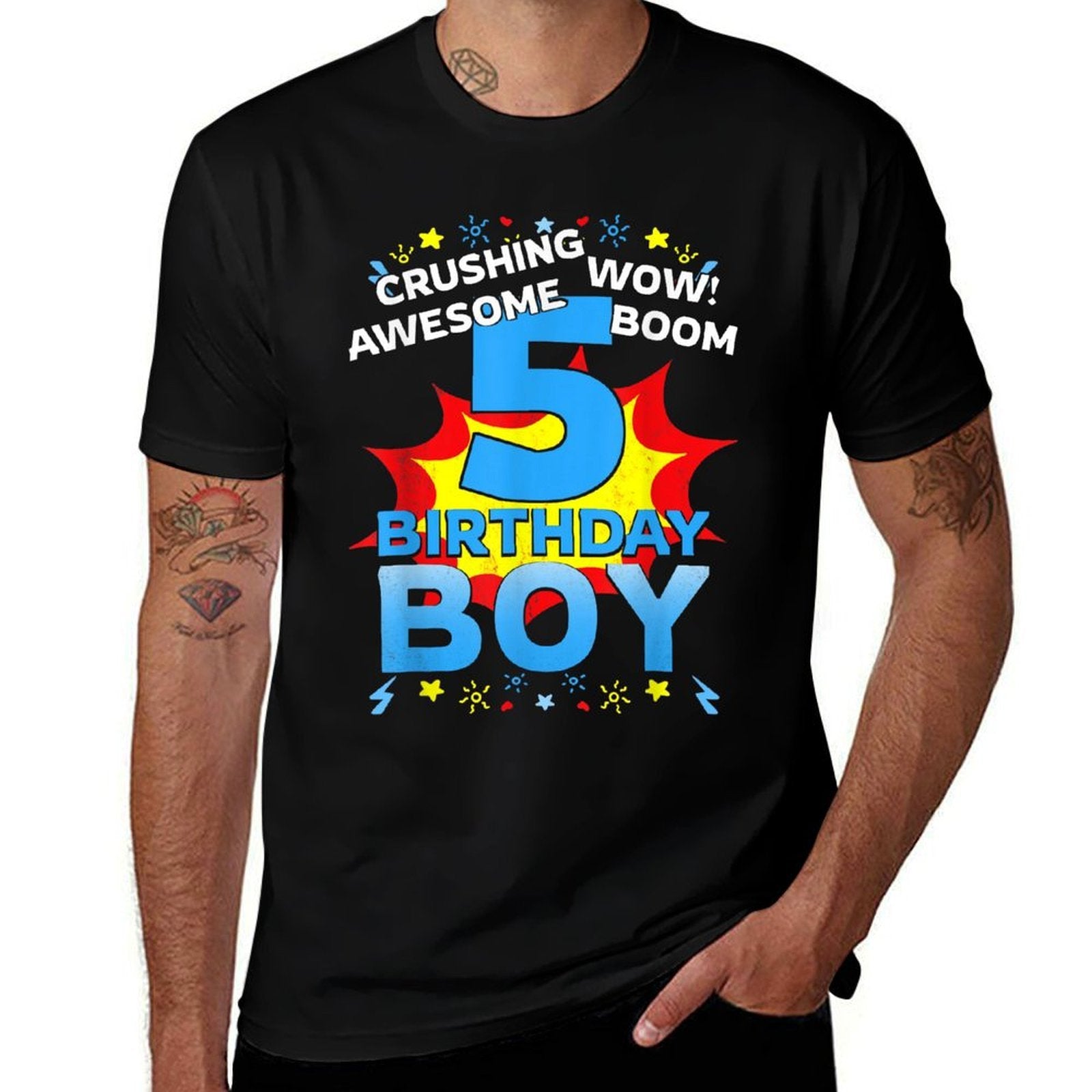 5th Birthday Boys Kids Superhero Comic Party 5 Years Old  Summer-ready Fabric T-Shirt