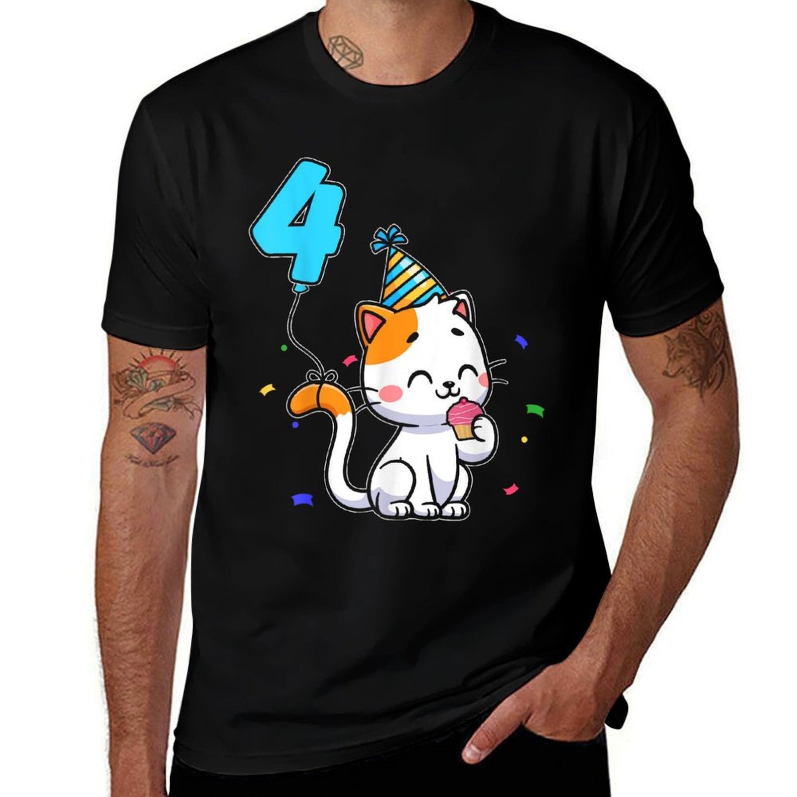 4-Year-Old Kid Cute Cat Party Balloon 4th Birthday  Easy-care T-Shirt