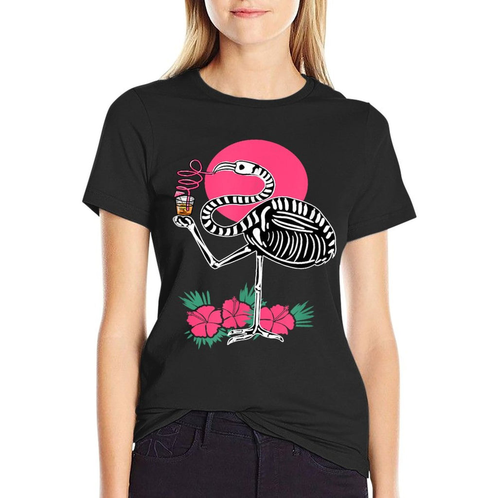 Thirsty Skeleton Flamingo Animal Tropical Bird Halloween  Graphic-printed T-Shirt
