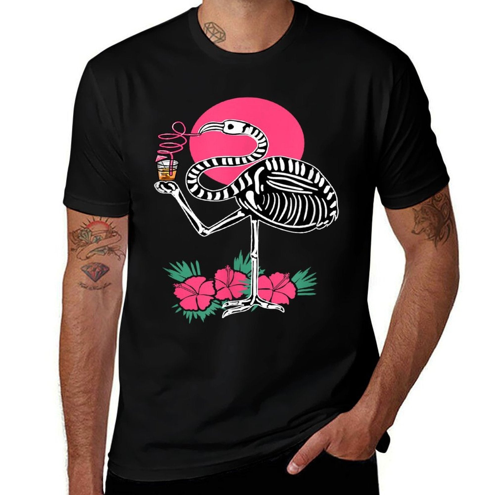 Thirsty Skeleton Flamingo Animal Tropical Bird Halloween  Graphic-printed T-Shirt