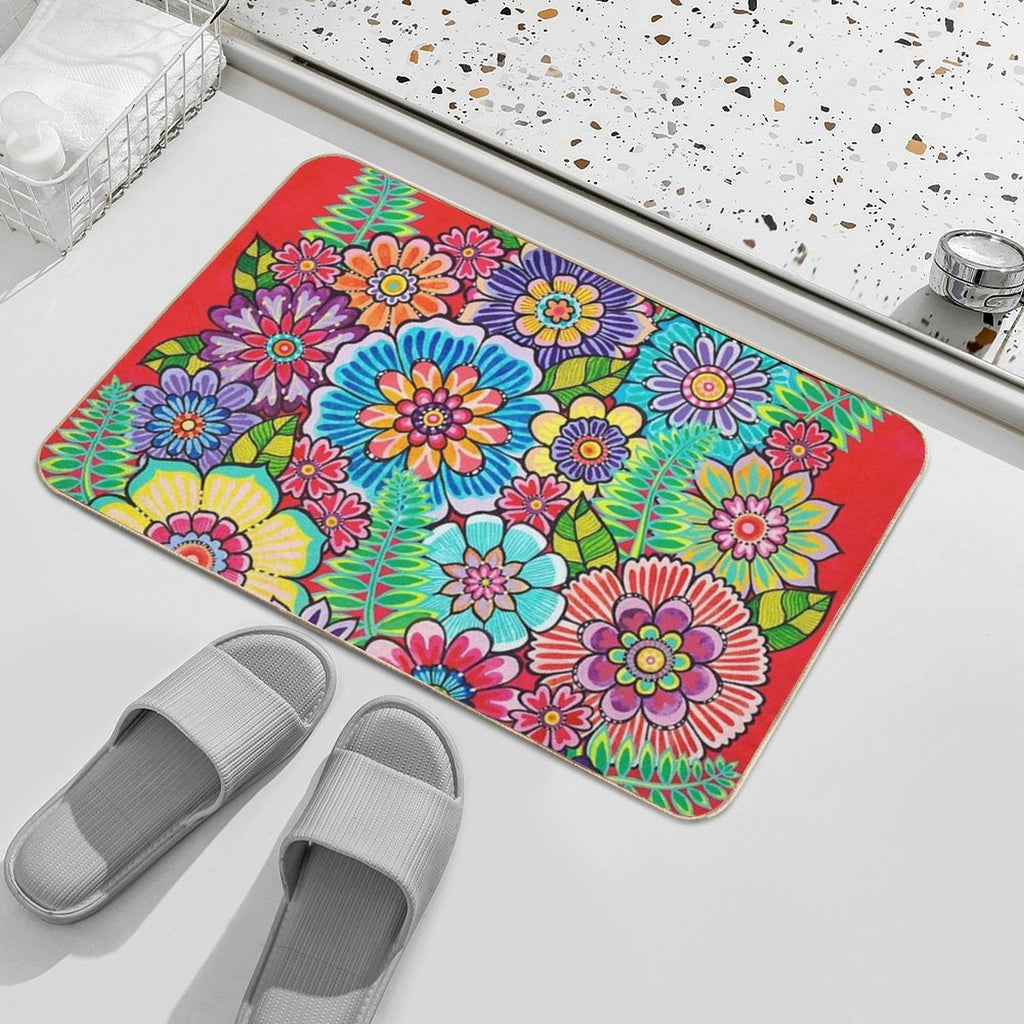 Blooms on Red  Long-Lasting Bath Mat