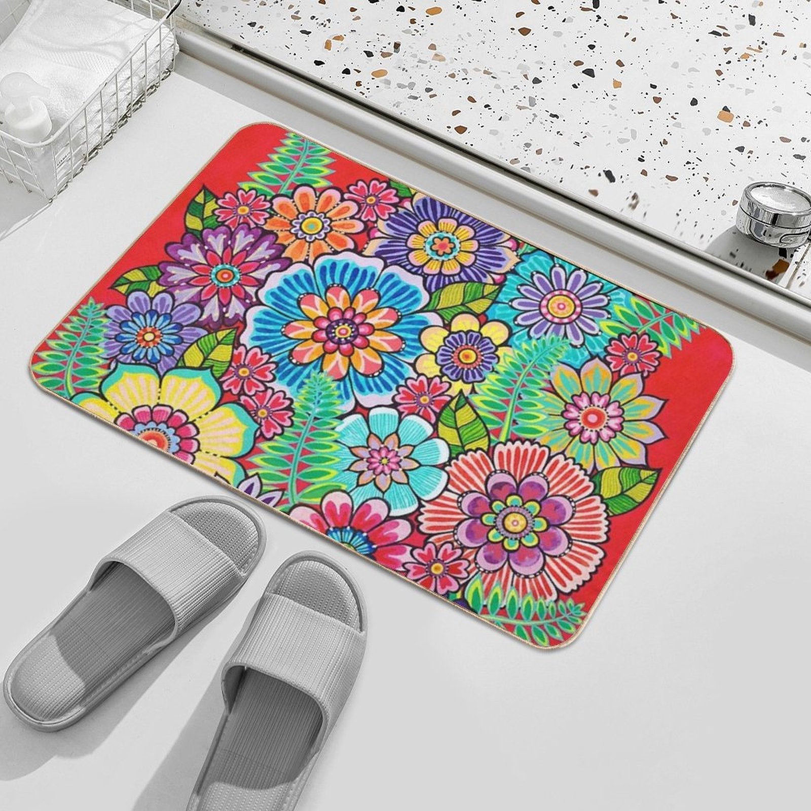 Blooms on Red  Long-Lasting Bath Mat