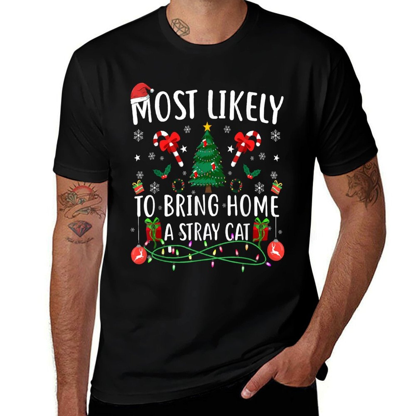 Most Likely To Bring Home A Stray Cat Group Matching Xmas  Ribbed Collar T-Shirt