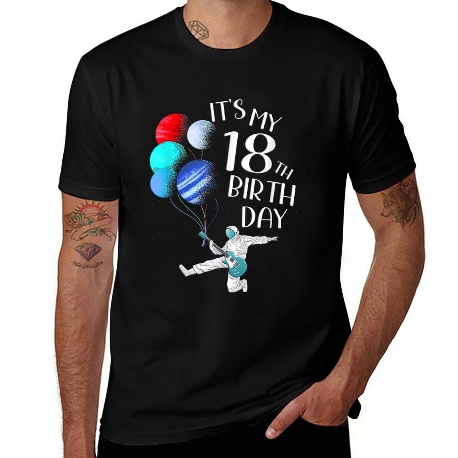 Mens Its My 18th Birthday Planet Balloons Astronaut Guitar Player  Stretchy T-Shirt