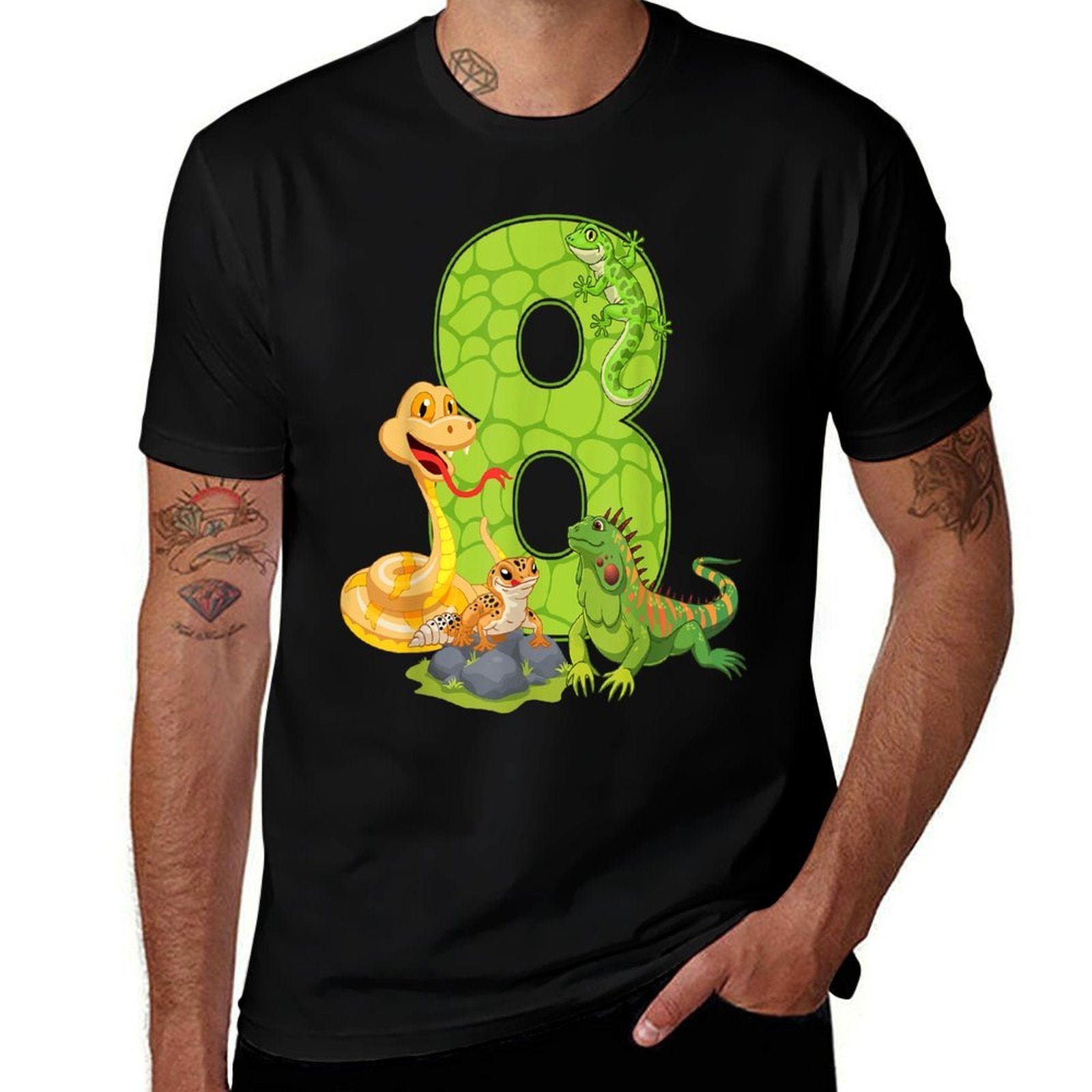 8th Birthday Snake Lizard Reptile 8 Year Old Birthday Party  Heathered Texture T-Shirt