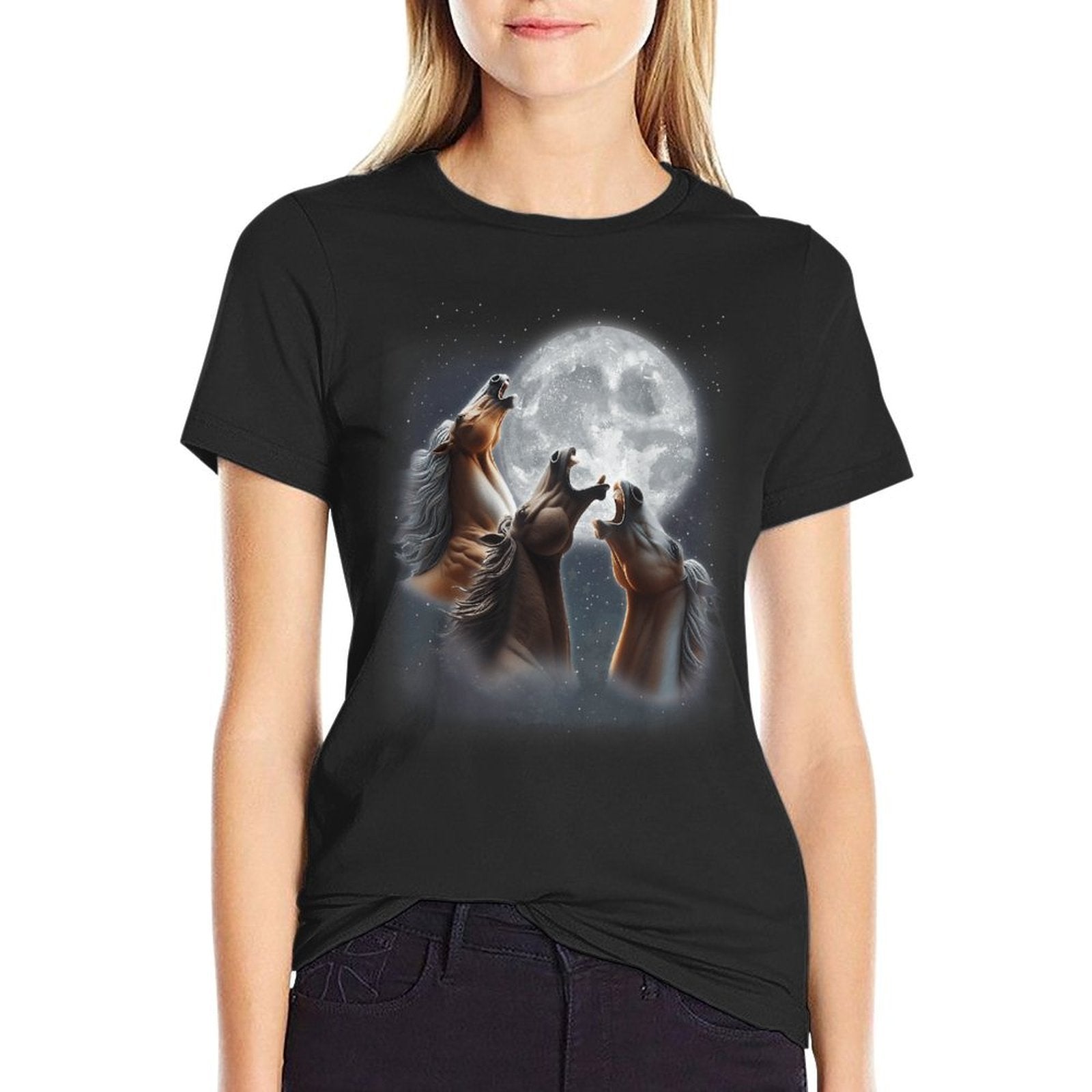 3 Horses Howling At The Moon Funny Horse Lover Equestrian  Easy-care T-Shirt